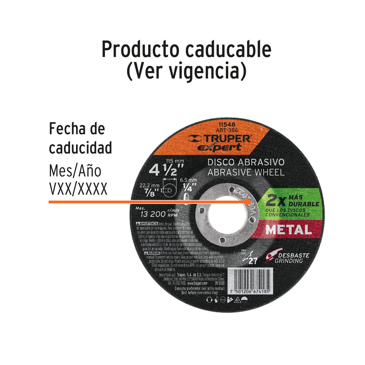 Disco Tipo 27 de 4-1/2'' x 6.4 mm desbaste de metal, TRUPER EXPERT