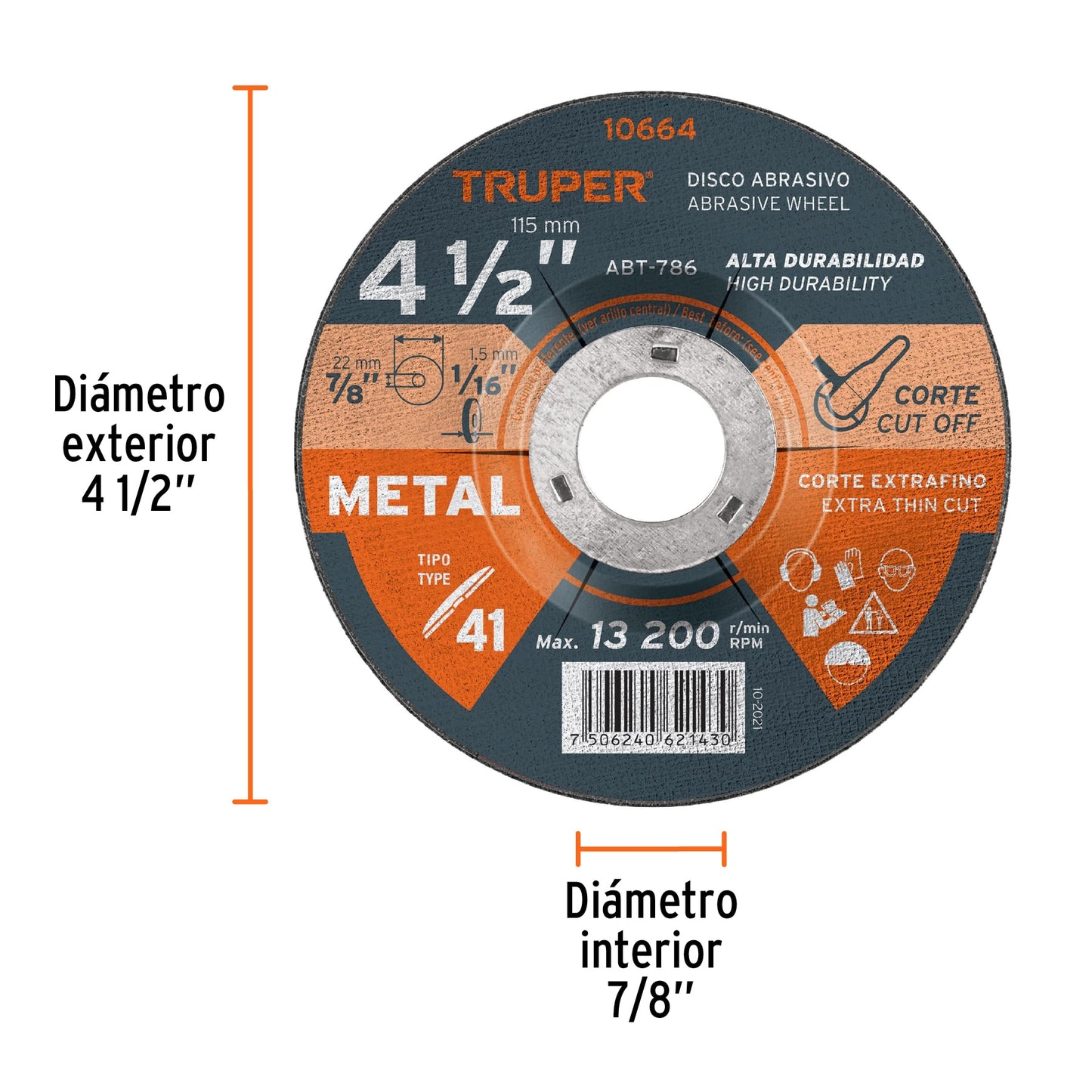 Disco para corte de metal 4-1/2" Tipo 41 "2mm" TRUPER