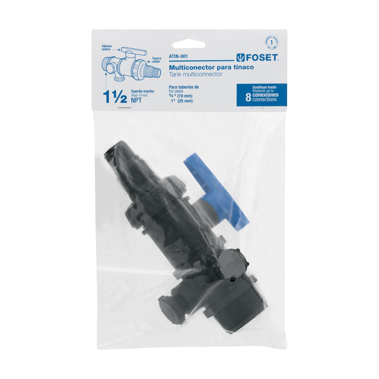 Valvula o multiconector para tinaco 1-1/2" (Para tuberias de 3/4" y 1") FOSET