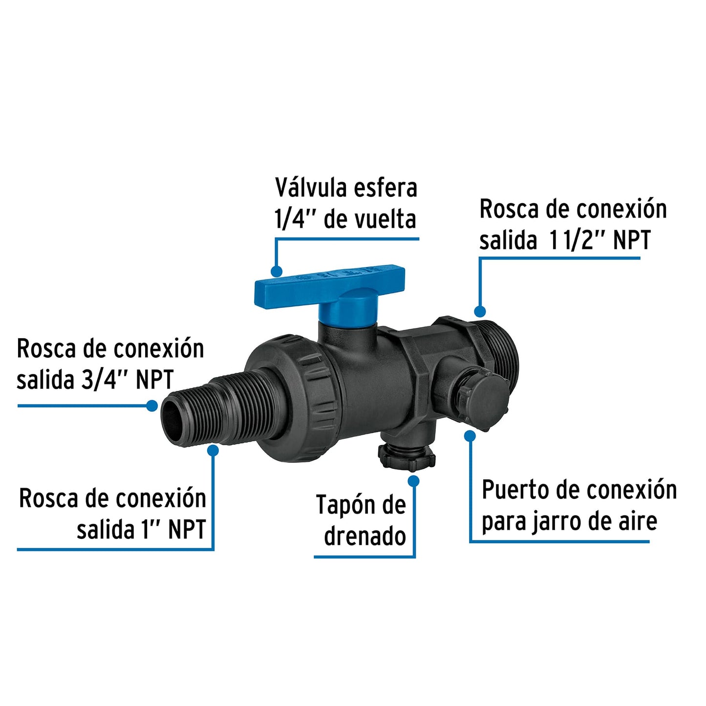 Valvula o multiconector para tinaco 1-1/2" (Para tuberias de 3/4" y 1") FOSET