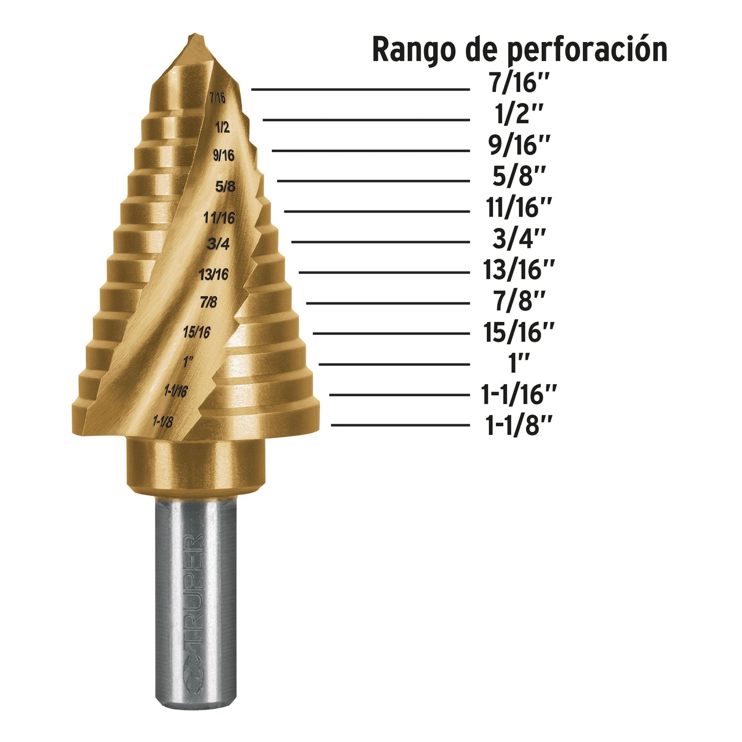 Broca escalonada de Titanio 12 escalones 7/16'' A 1-1/8'', TRUPER EXPERT