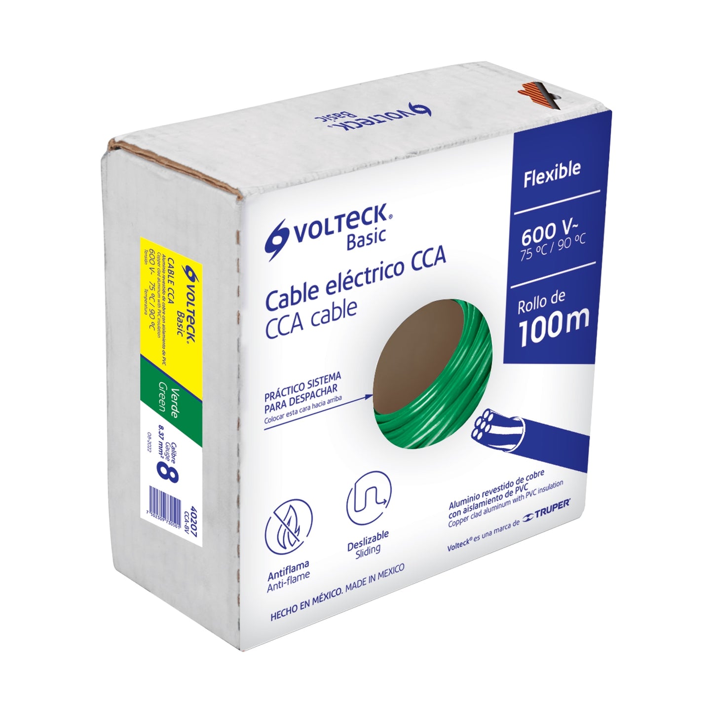 Rollo de 100 metros de cable THW CCA 8 AWG verde, Basic VOLTECK