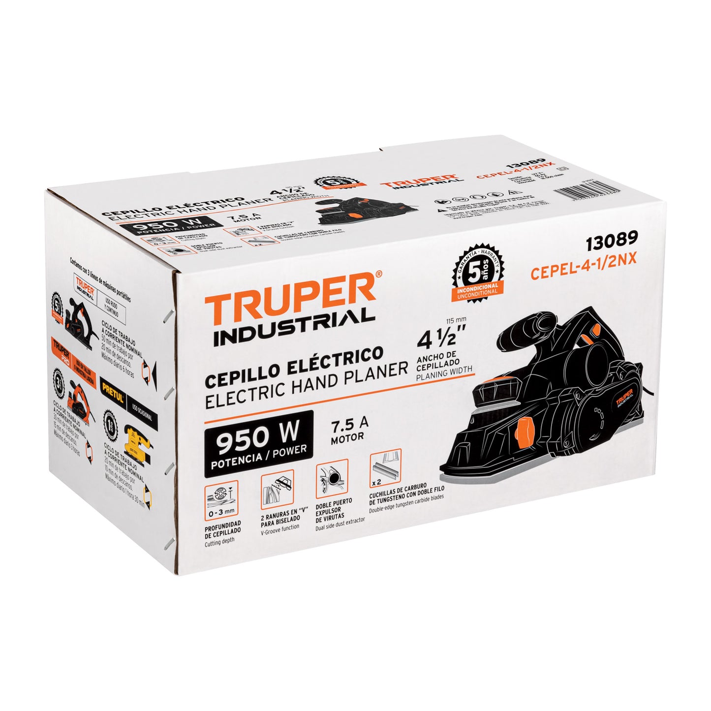 Cepillo eléctrico 4-1/2", 950W, TRUPER INDUSTRIAL