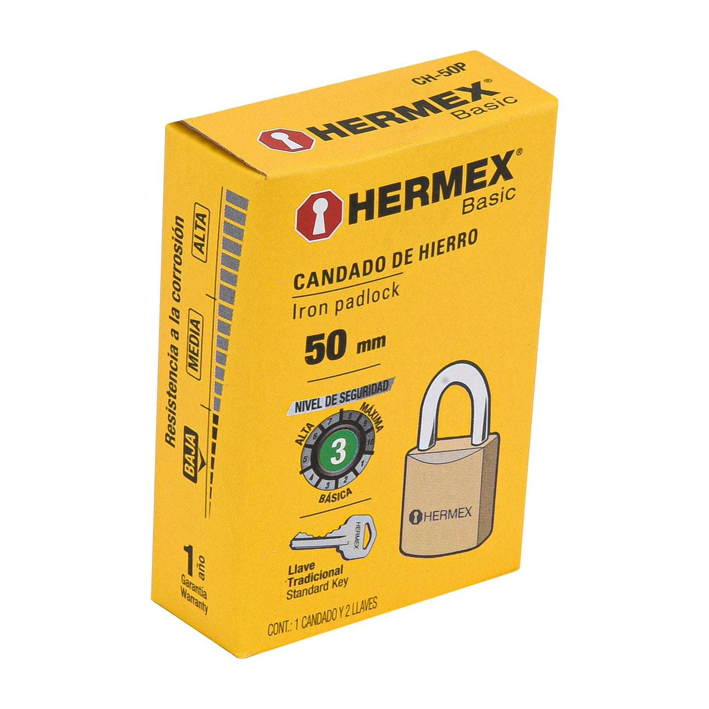 Candado de hierro 50mm'', gancho corto HERMEX