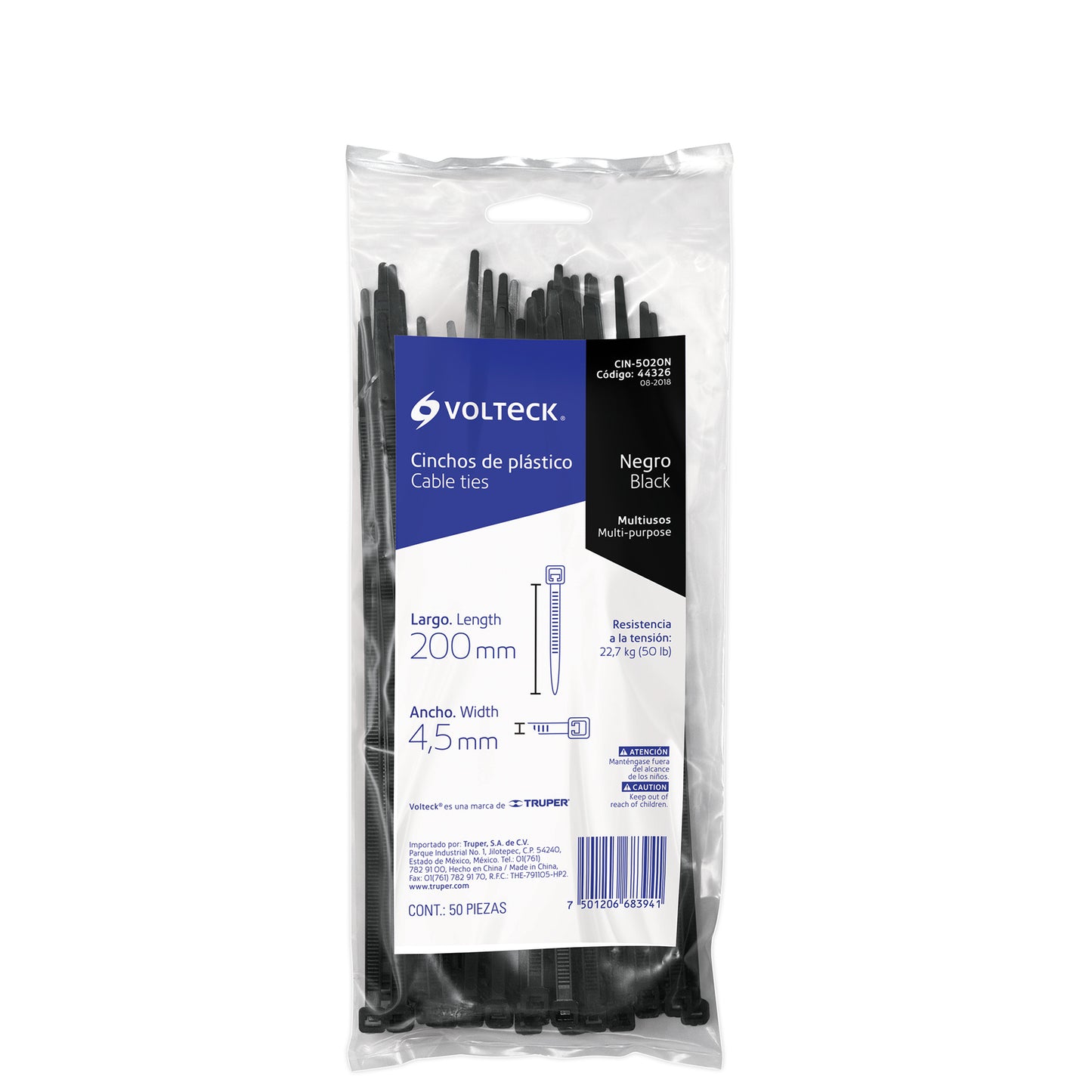 Bolsa con 50 cinchos plásticos 50 lb, 200x4.5 mm, 8" negros VOLTECK