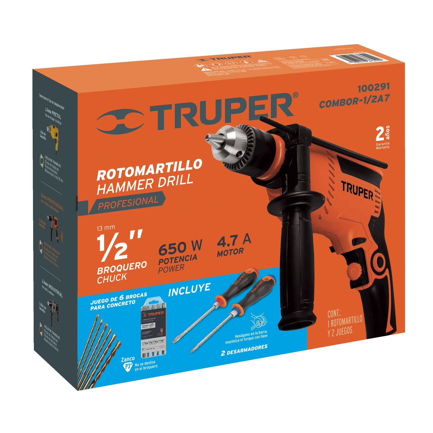 Rotomartillo 1/2" 600 W, + 6 brocas y 2 desarmadores, TRUPER