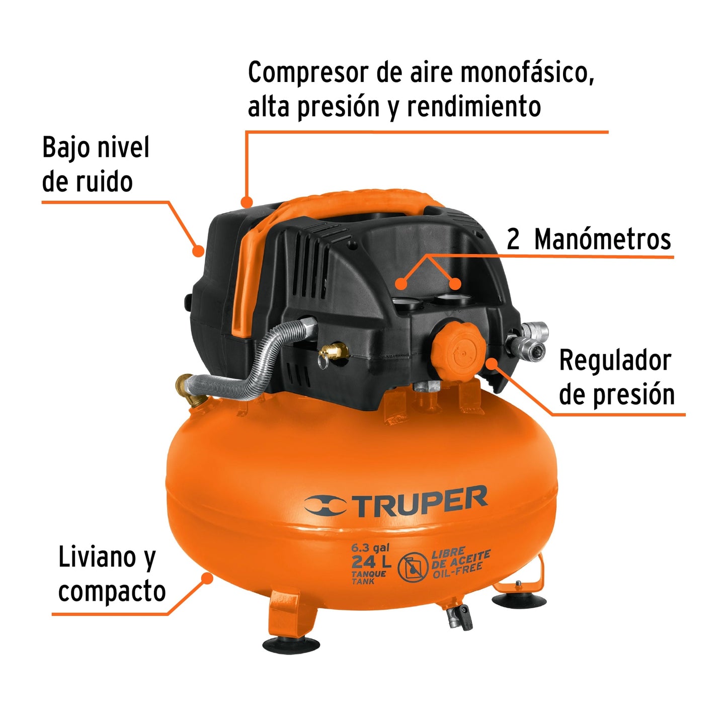 Compresor libre de aceite compacto 24L, 2-2/3HP 127V Truper
