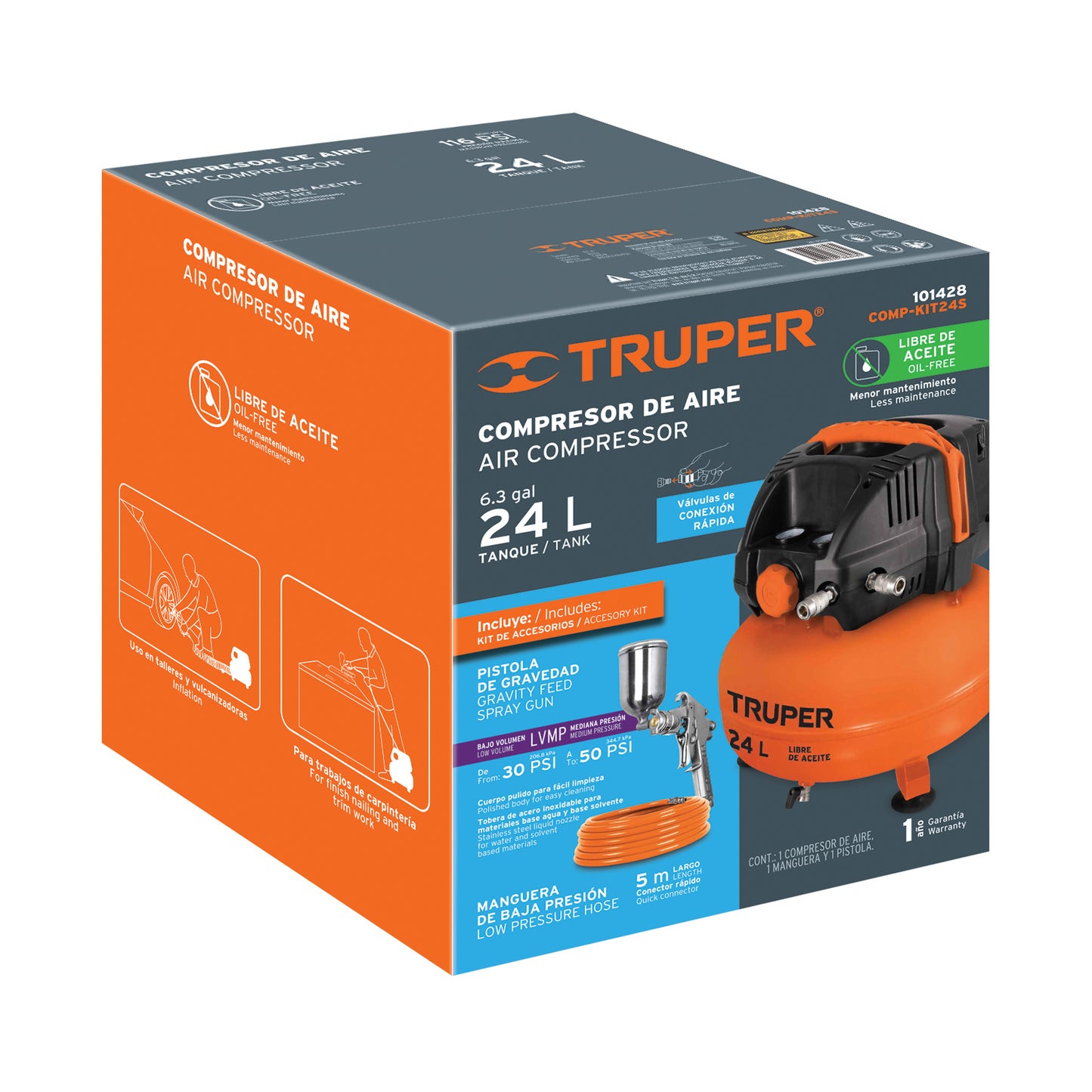 Kit compresor libre de aceite 24 L, 2-2/3 HP, PIPI-420 y manguera