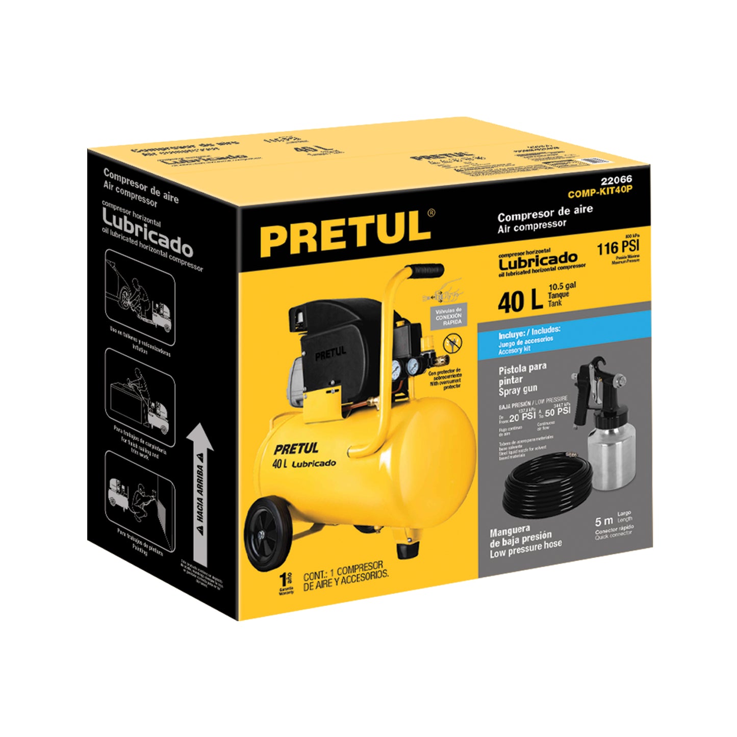 Kit Compresor de aire 40L 3HP, manguera y pistola, Pretul