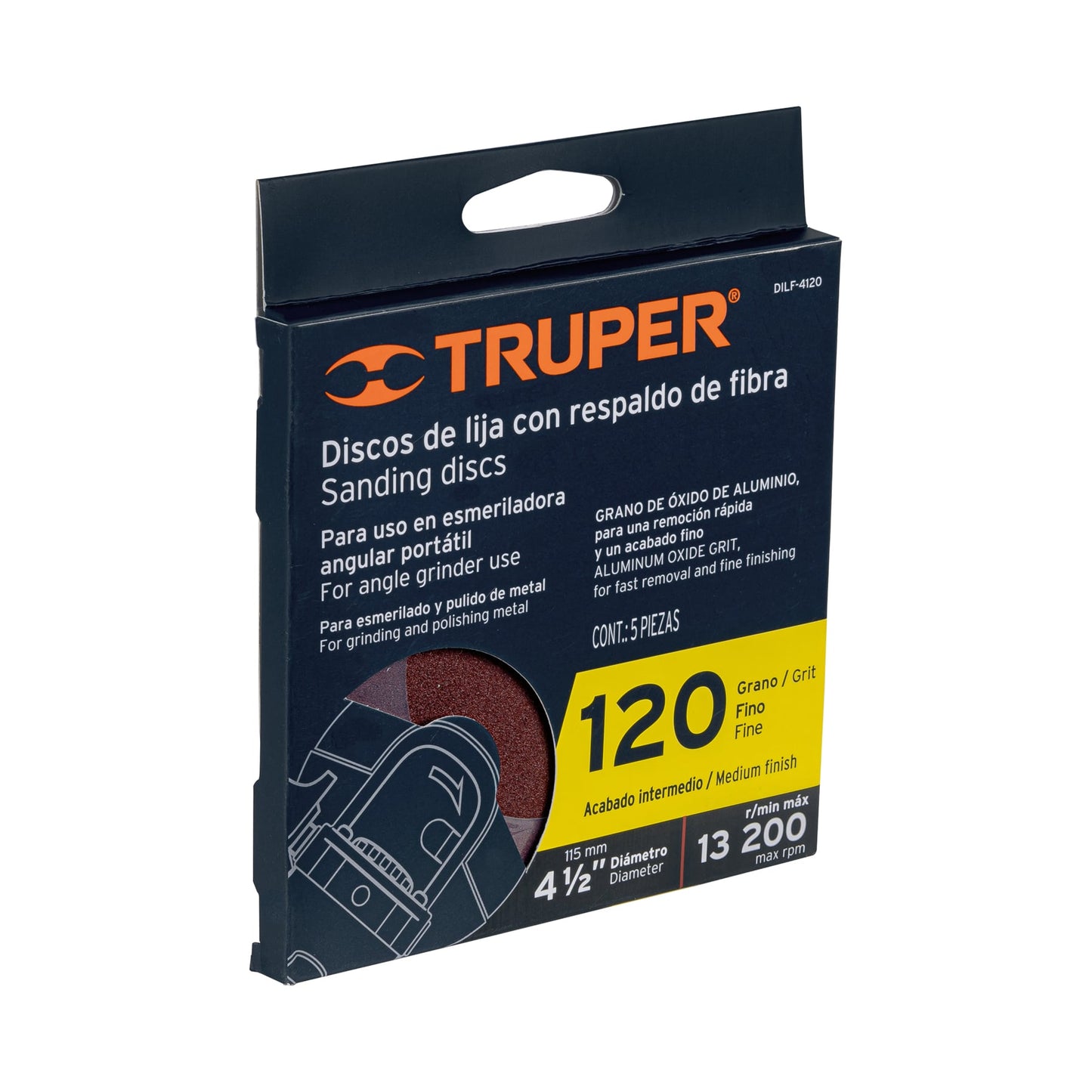 Disco lija 4-1/2" con respaldo de fibra, grano 120, TRUPER