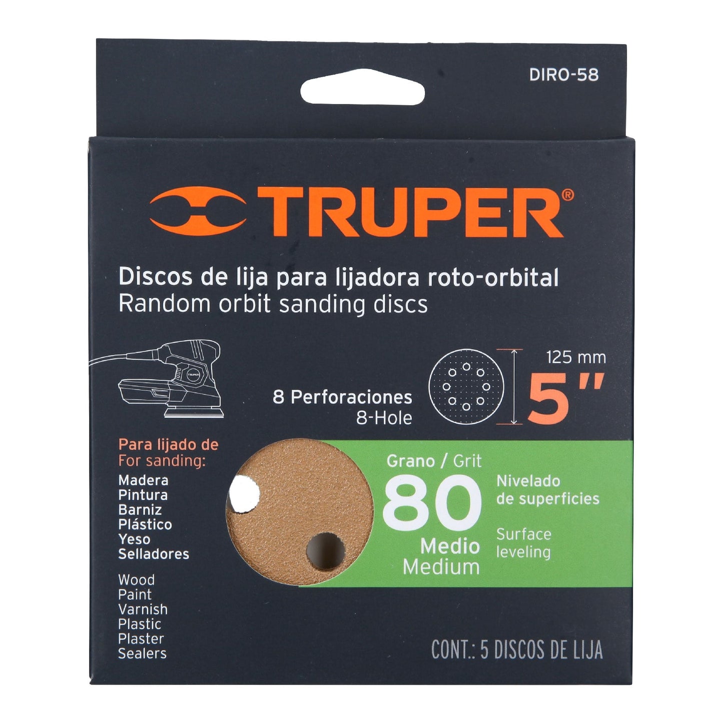 Caja con 5 discos de lija 5" grano 80 lijadora roto-orbital