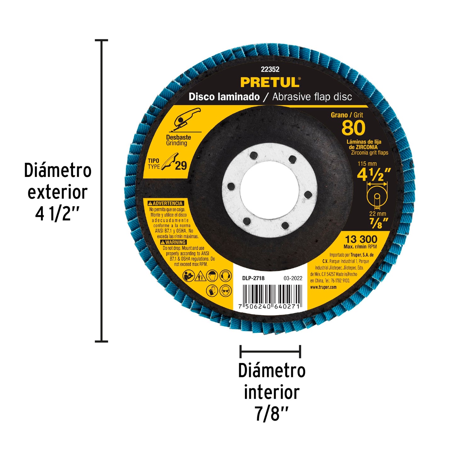 Disco 4-1/2" laminado grano 80 centro 7/8", Pretul