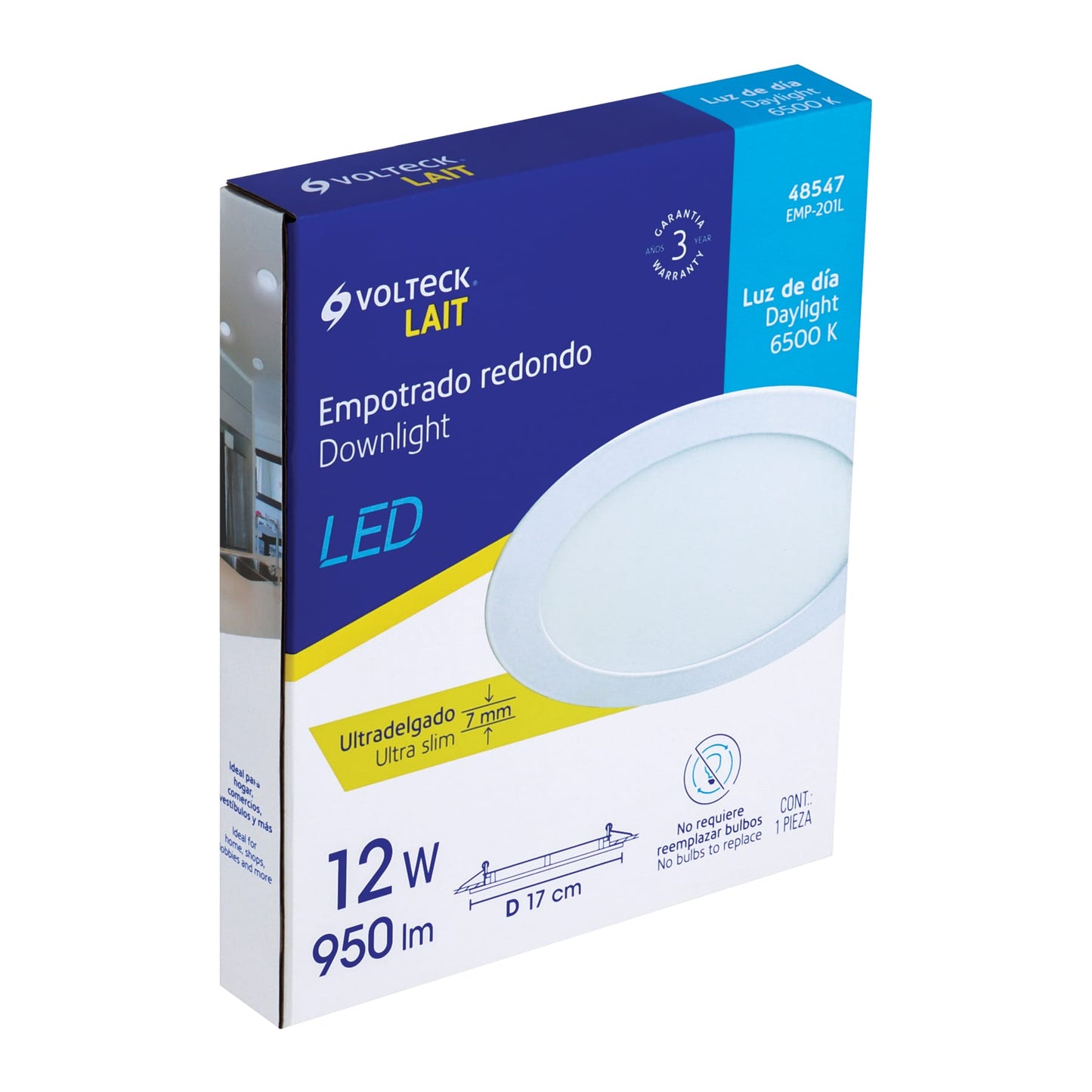 Luminario ultradelgado redondo p/empotrar 12W, luz de día, Volteck