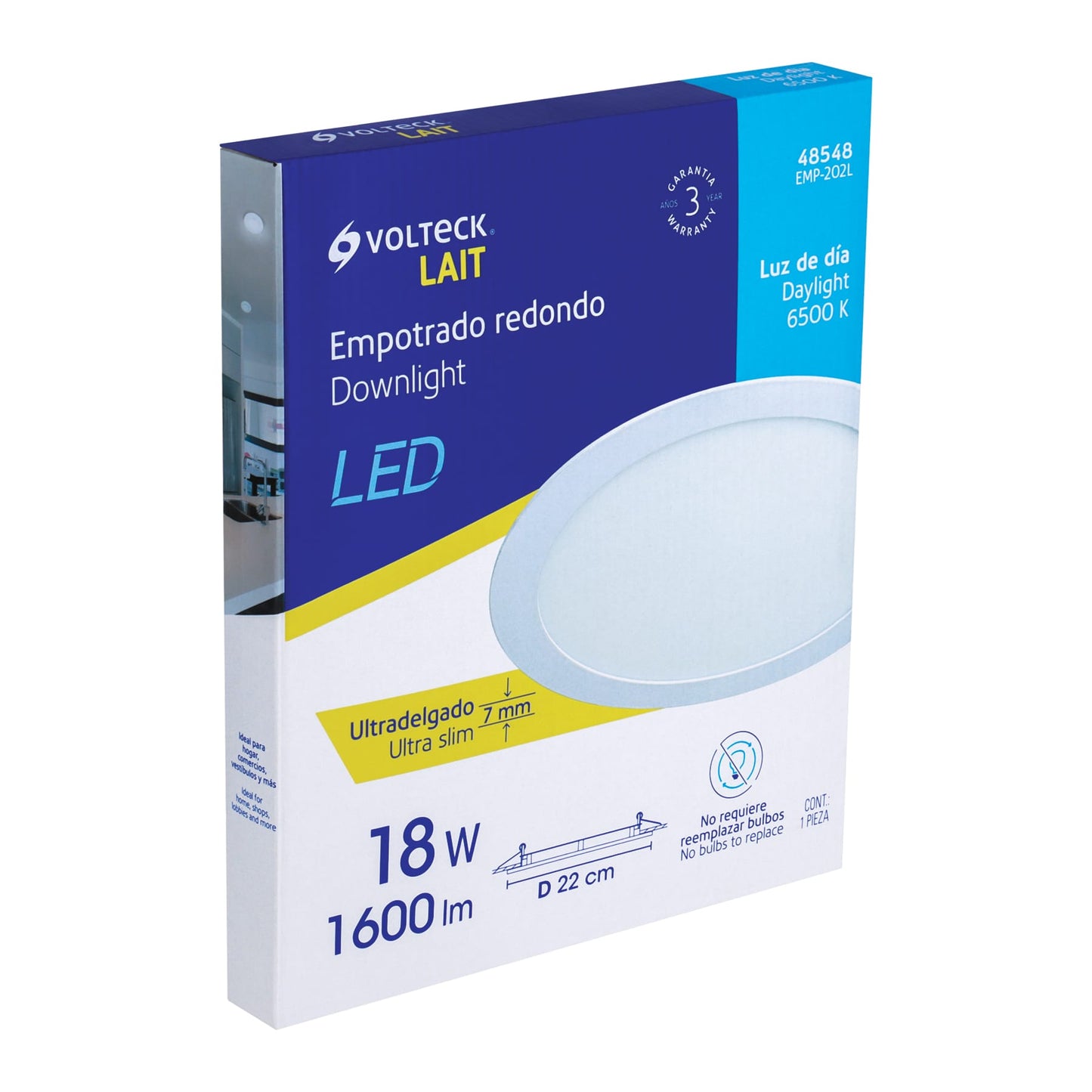 Luminario ultradelgado redondo p/empotrar 18W, luz de día