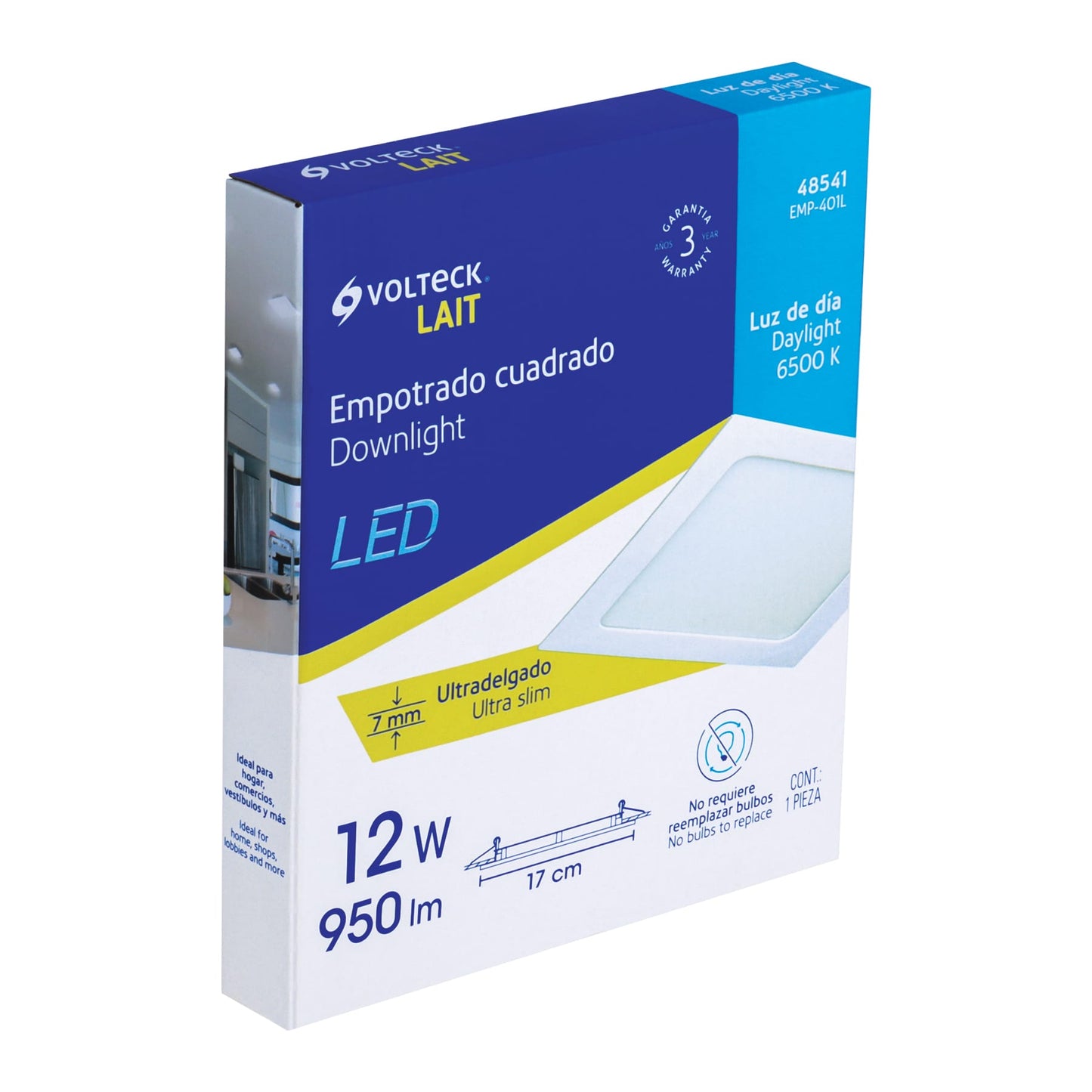 Luminario ultradelgado cuadrado p/empotrar 12W, luz de día, Volteck