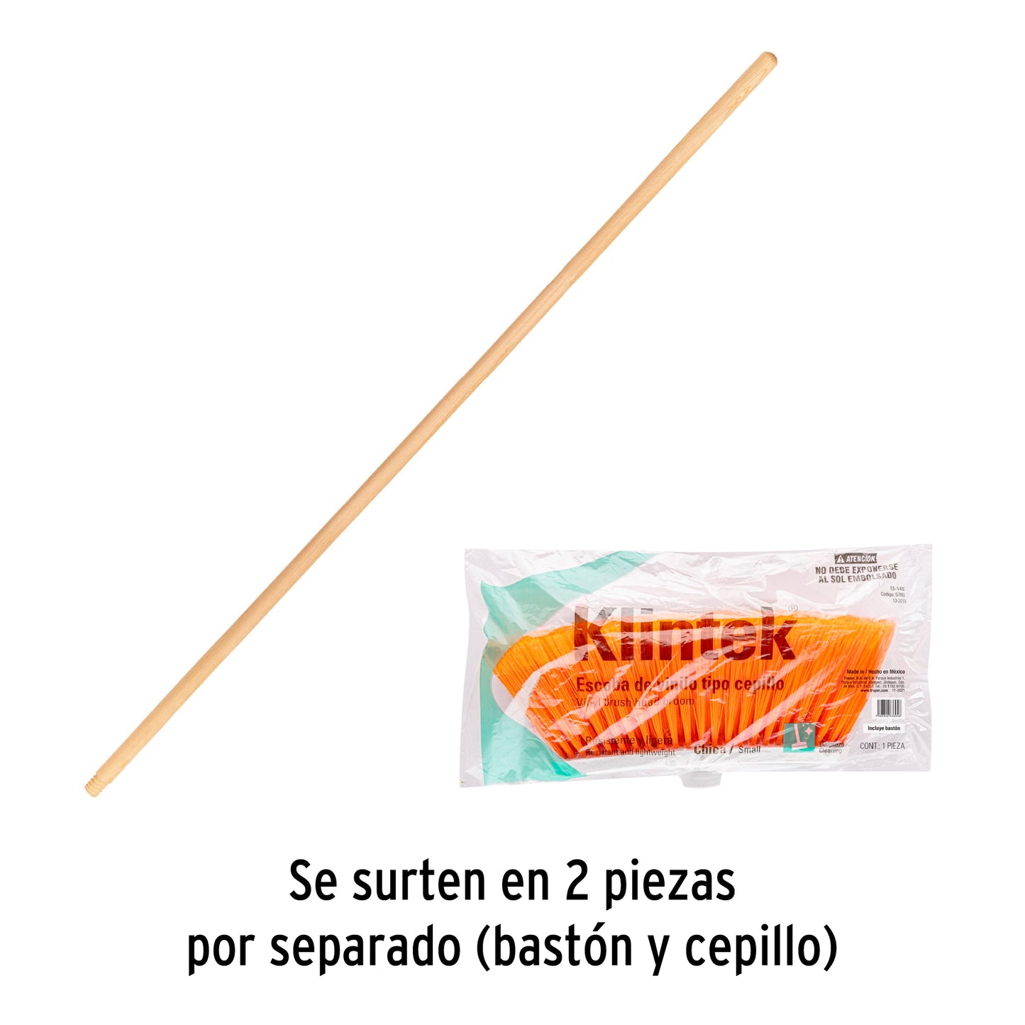Escoba chica tipo cepillo, cerdas de PVC, bastón de mader