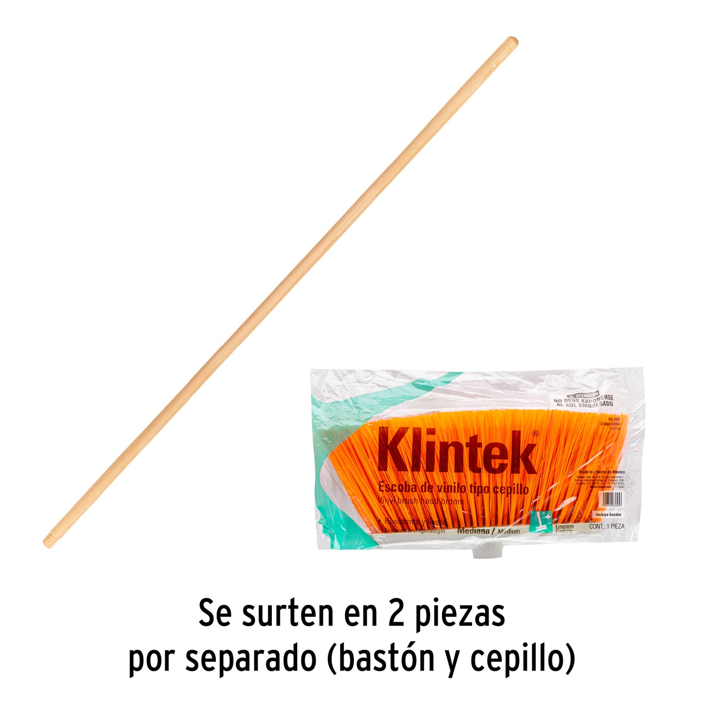 Escoba mediana tipo cepillo, cerdas de PVC, bastón de madera
