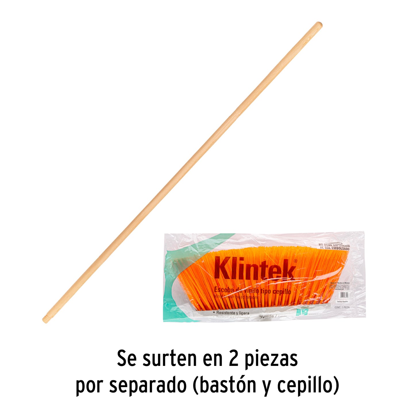 Escoba grande tipo cepillo, cerdas de PVC, bastón de madera