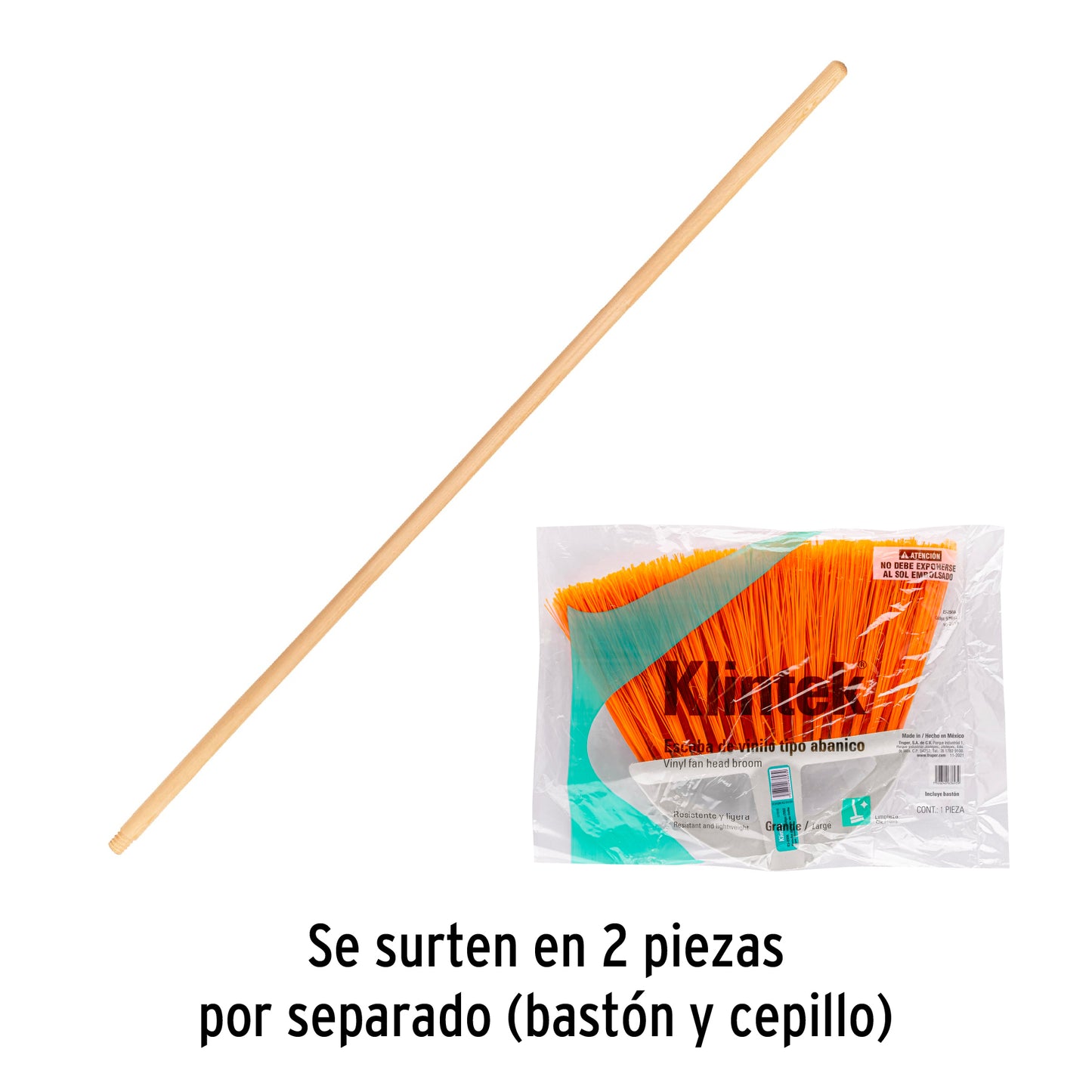 Escoba grande tipo abanico, cerdas de PVC, bastón de madera