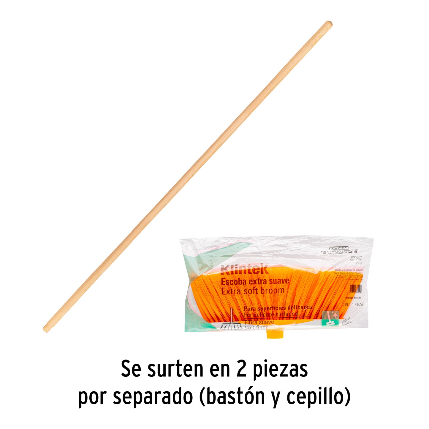 Escoba estándar cerdas de PET extra suaves, bastón de madera
