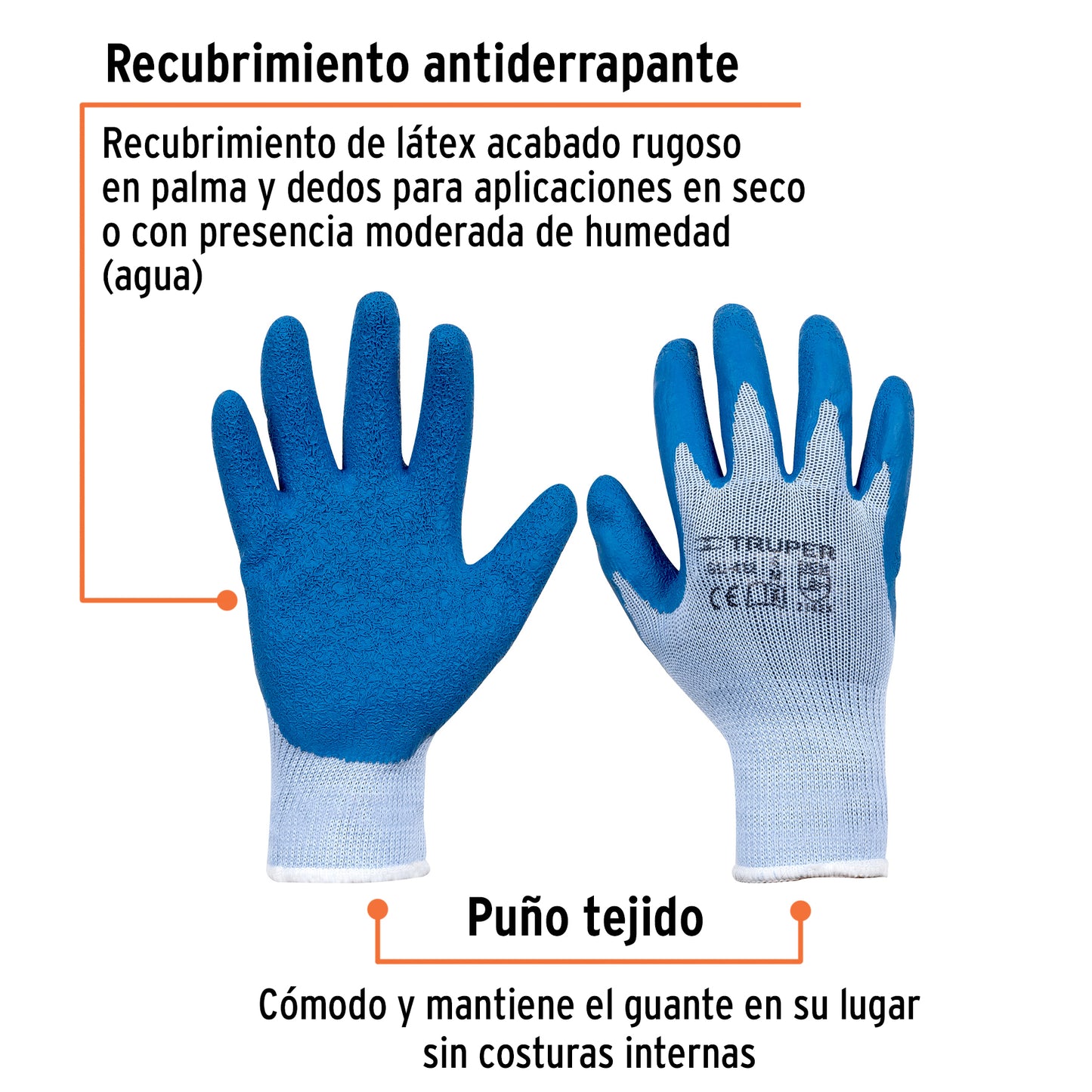 Guantes de poliéster recubiertos de latex, M, TRUPER
