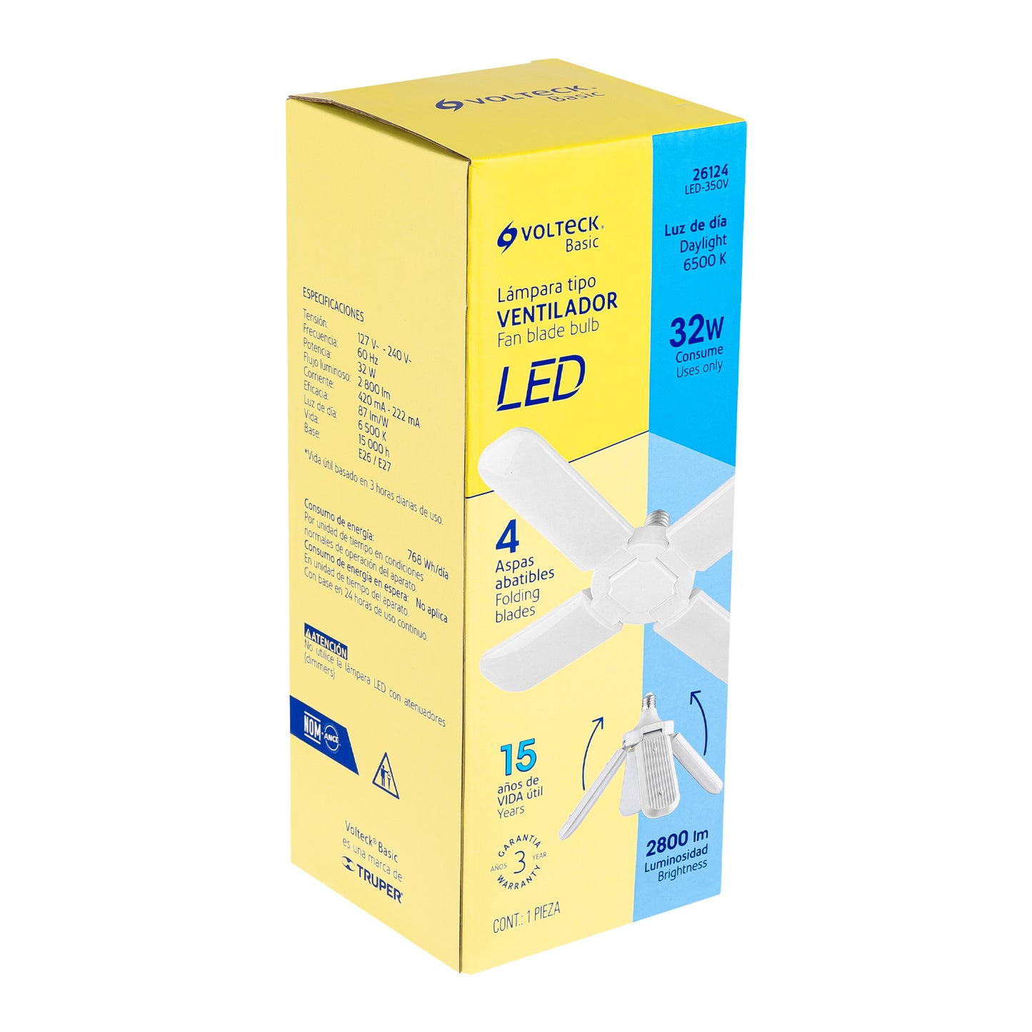 Lámpara Led 32w Tipo Ventilador, 4 Aspas Ajustables, Volteck