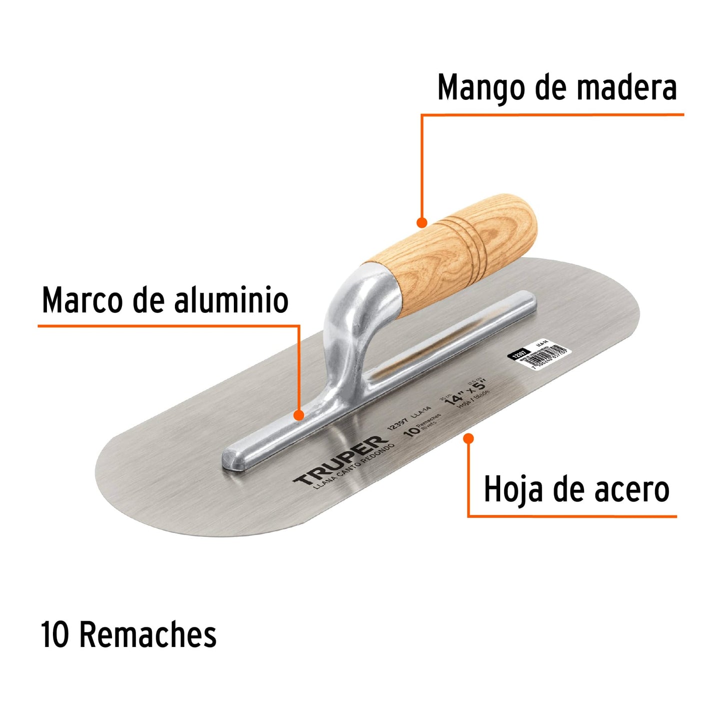 Plancha mango de madera, Canto redondo de 4 Remaches, 14'' TRUPER