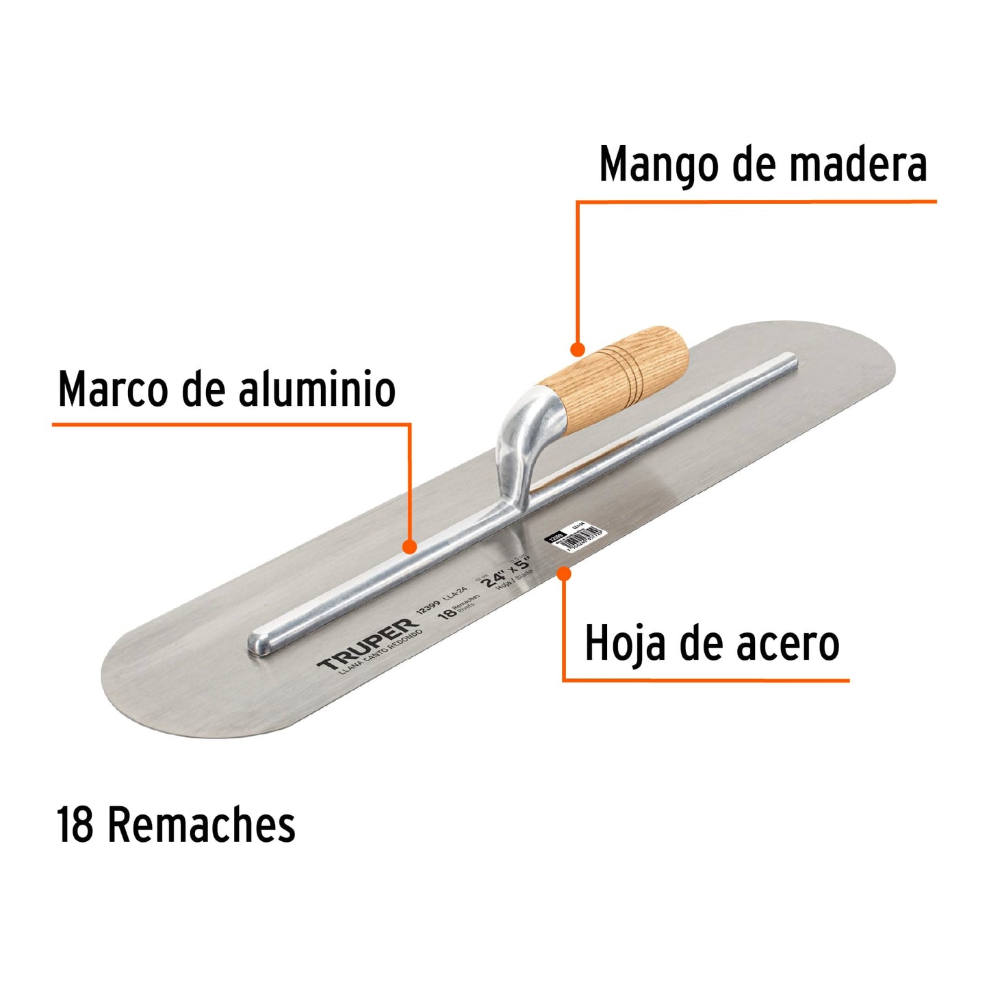 Plancha mango de madera, Canto redondo de 18 Remaches, 24'' TRUPER