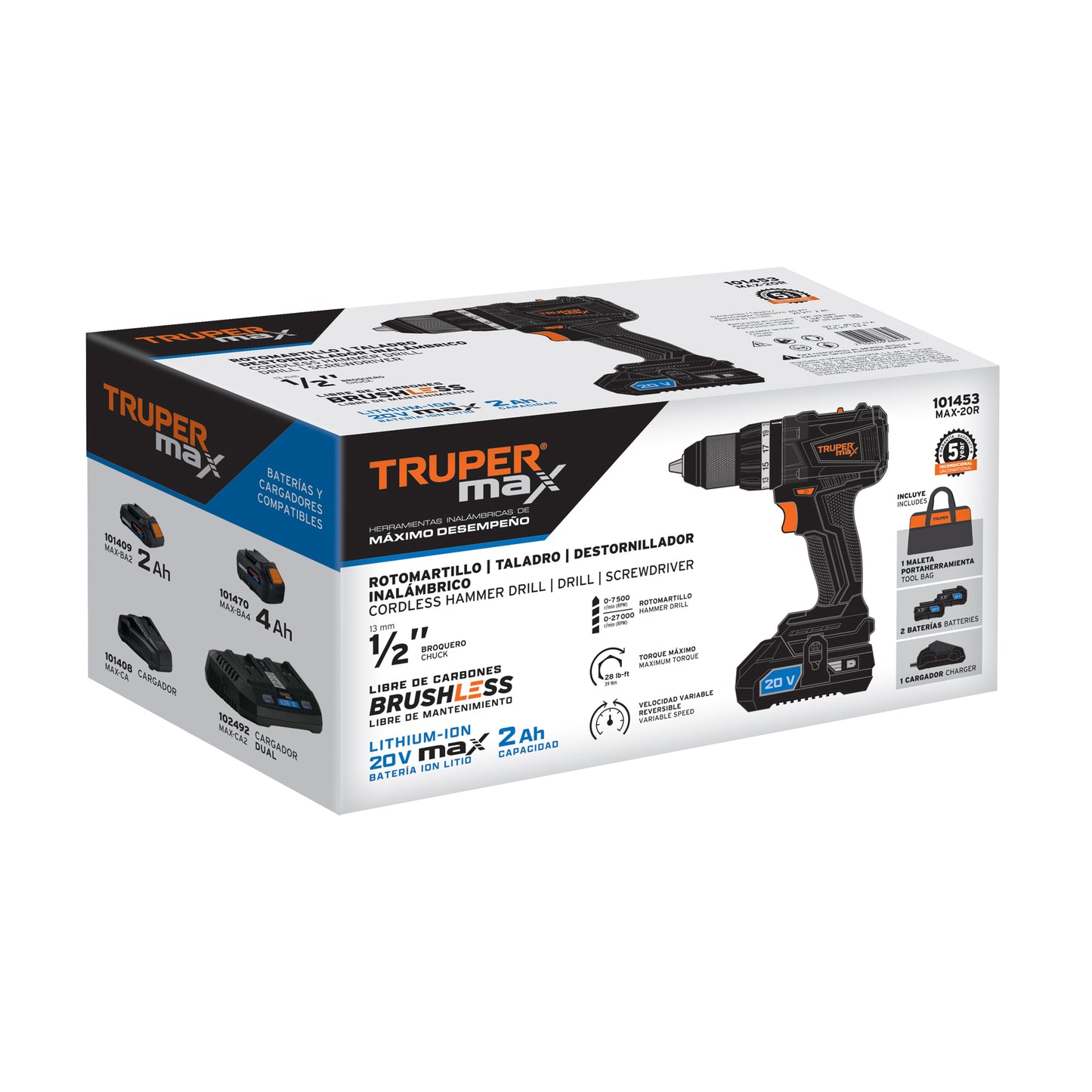 Rotomartillo inalámbrico 1/2", 20V, sin carbones, 2 Baterías TRUPER MAX