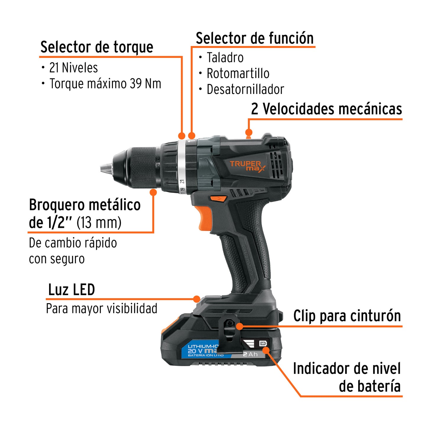 Rotomartillo inalámbrico 1/2", 20V, sin carbones, 2 Baterías TRUPER MAX