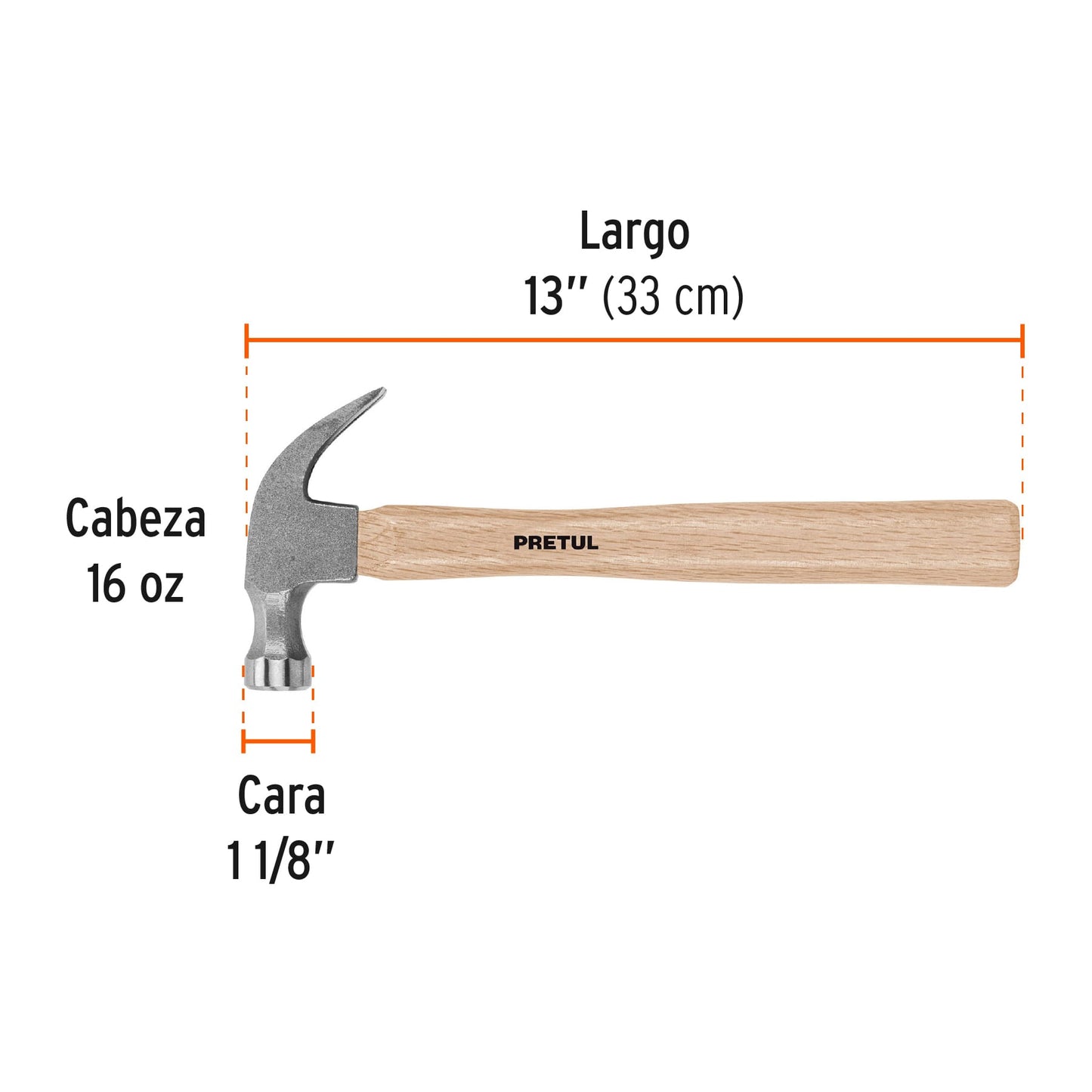 Martillo uña curva con mango de madera 16oz PRETUL