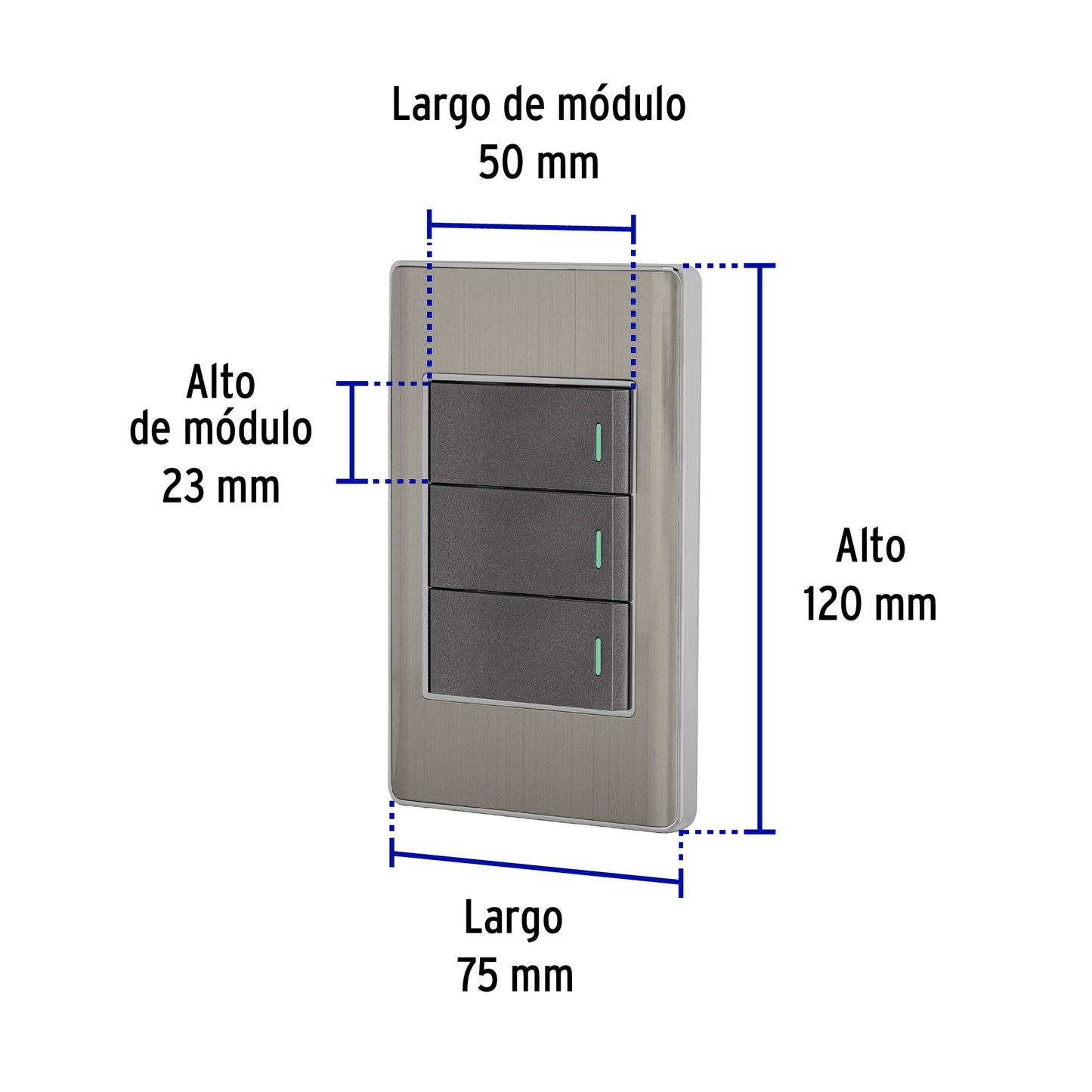 Placa armada acero inox 3 interruptores 1 módulo, Lisboa