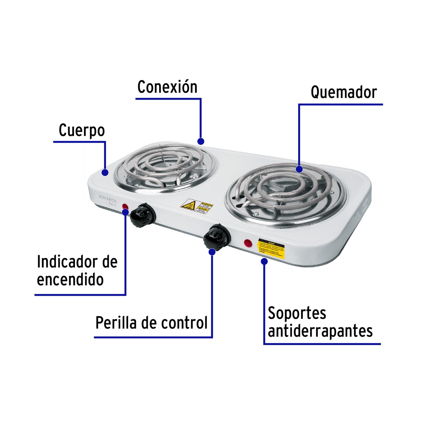 Parrilla Eléctrica 2 Quemadores, Rectangular, Volteck Basic