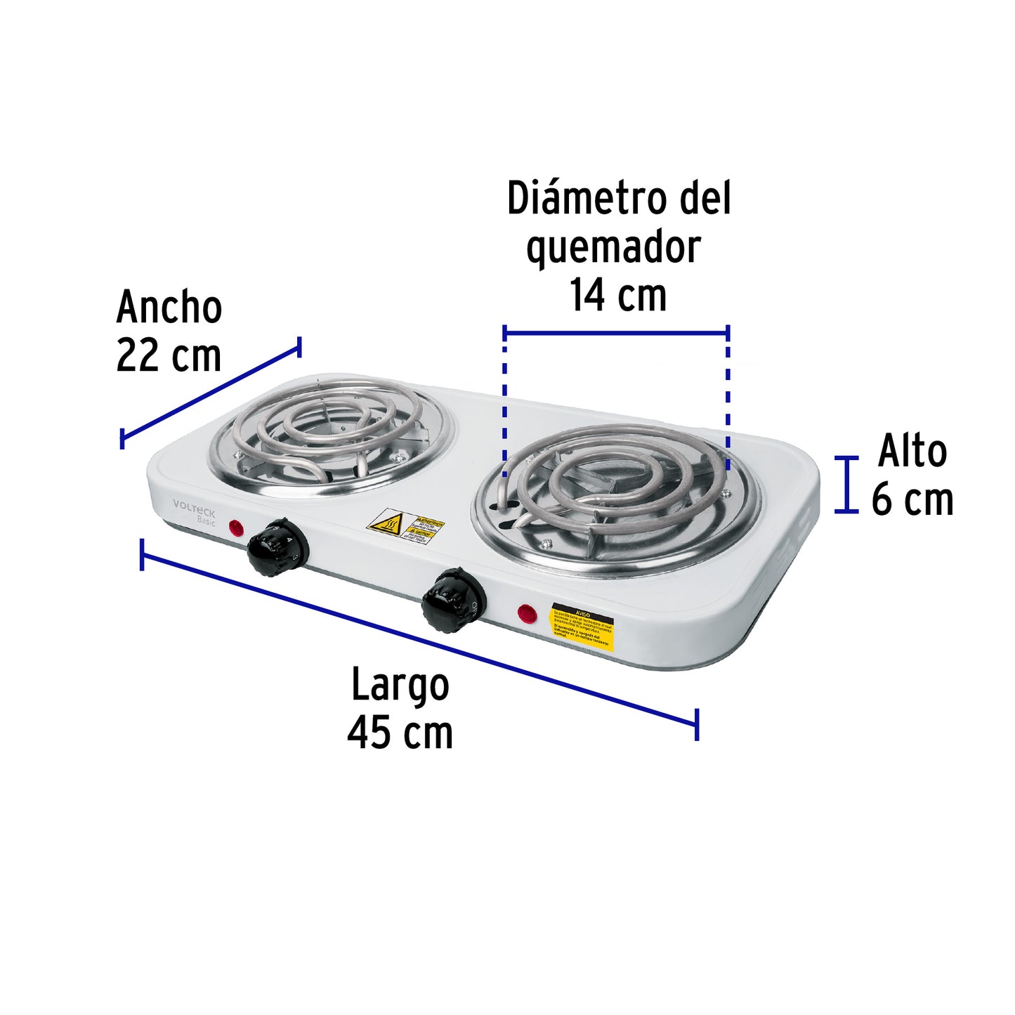 Parrilla Eléctrica 2 Quemadores, Rectangular, Volteck Basic