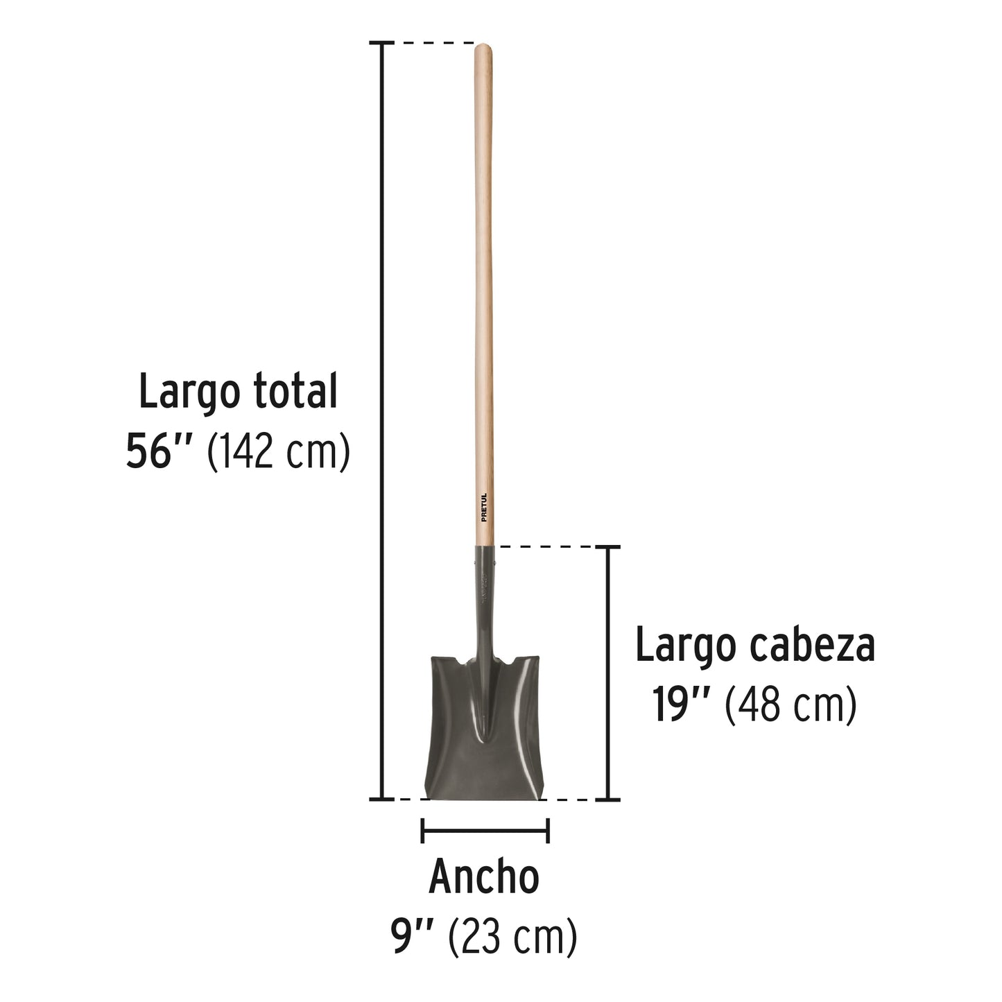 Pala cuadrada, mango largo 44", Pretul