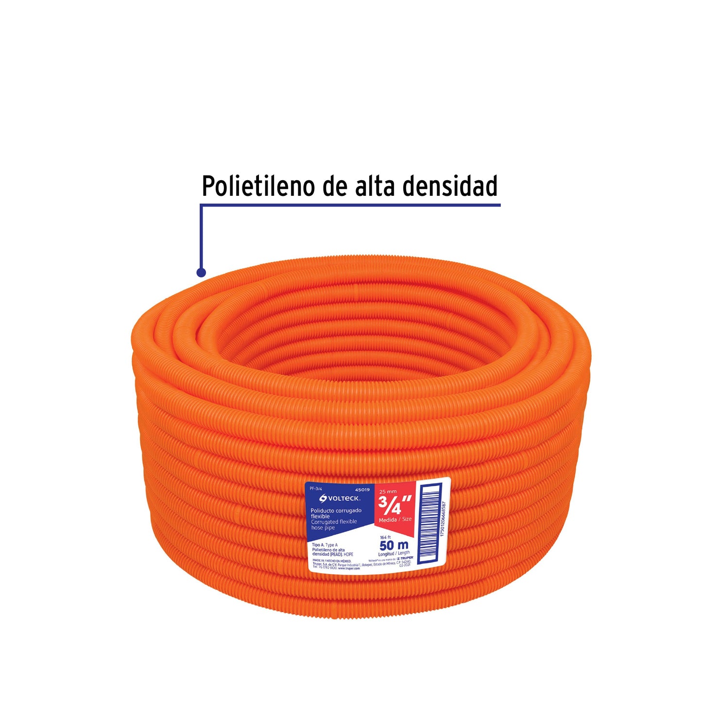 Metro de poliducto 3/4" corrugado flex. s/guía, rollo 50 m