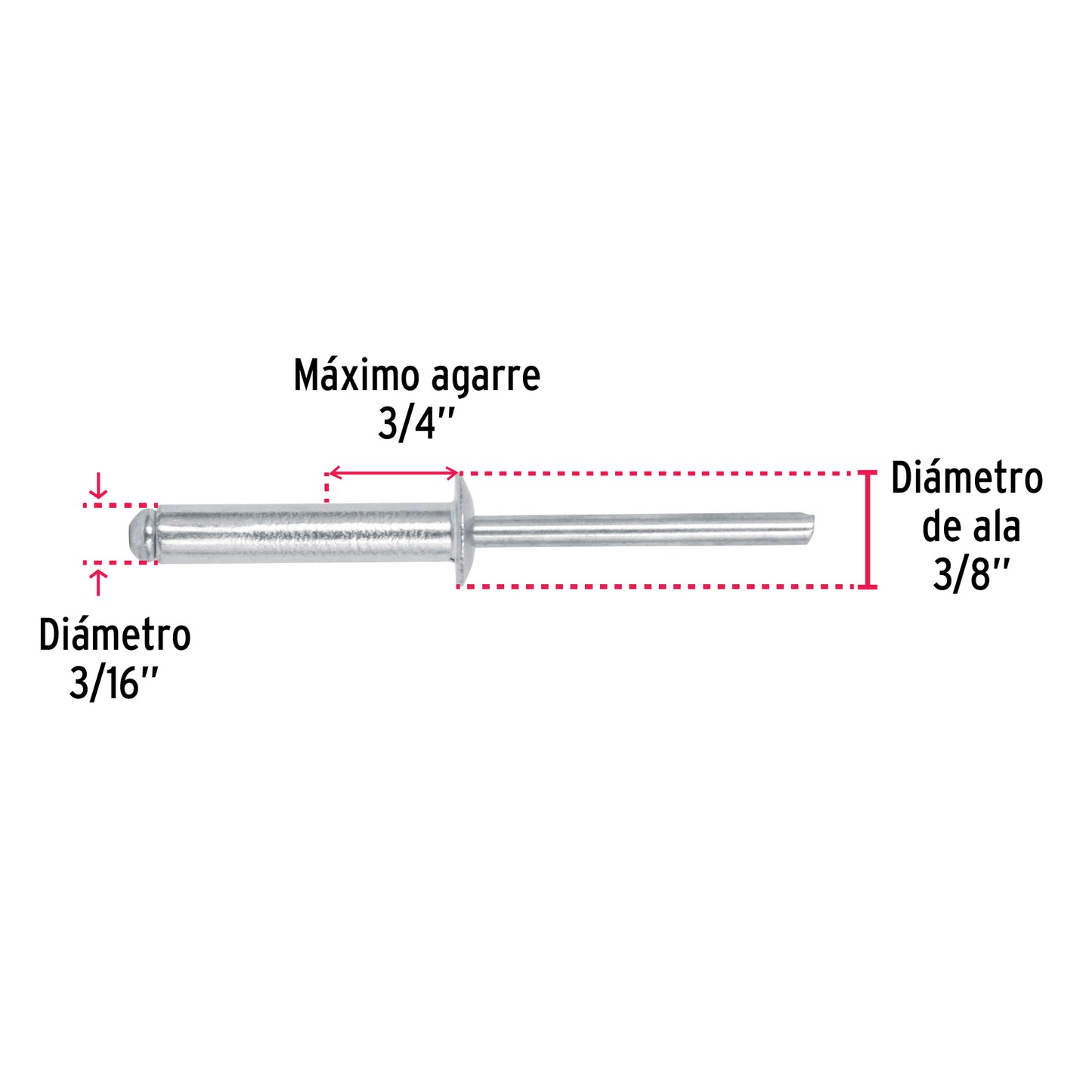 Bolsa con 50 remaches 3/16" x 3/4" de aluminio, ala 3/8"