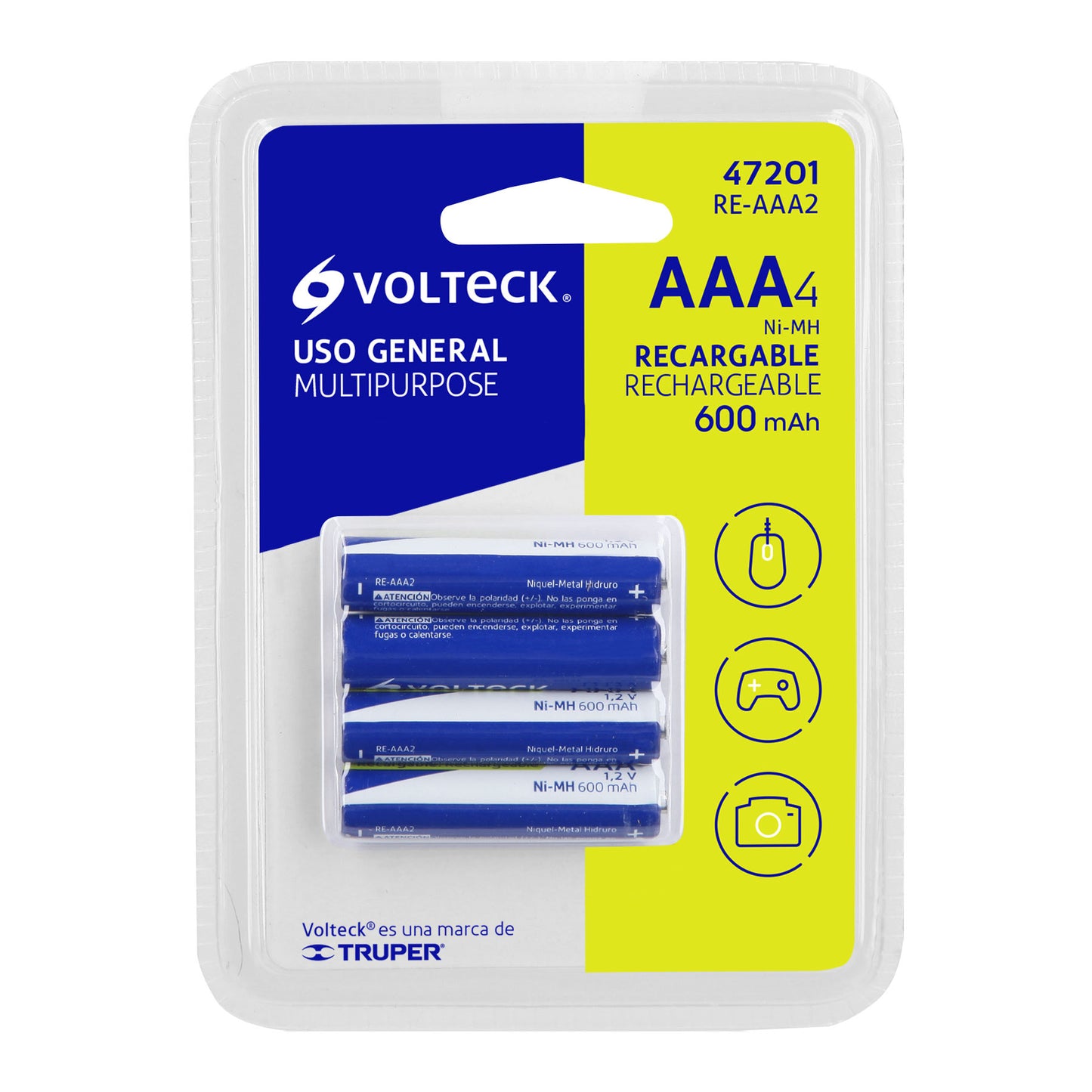 Blister con 4 pilas AAA, recargables de uso general 600 MAH VOLTECK