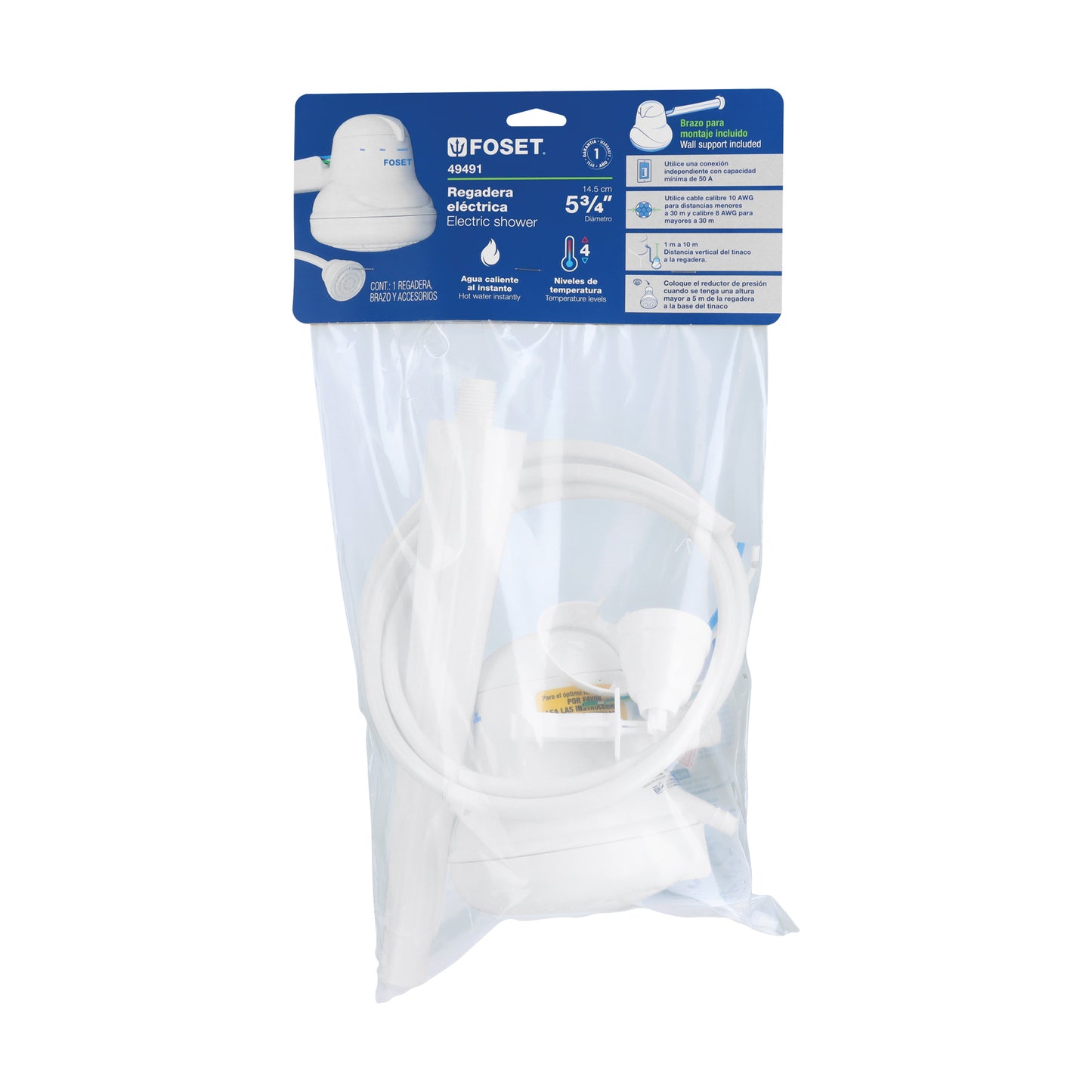 Regadera eléctrica, 4 temperaturas, 14.5cm, blanca, FOSET