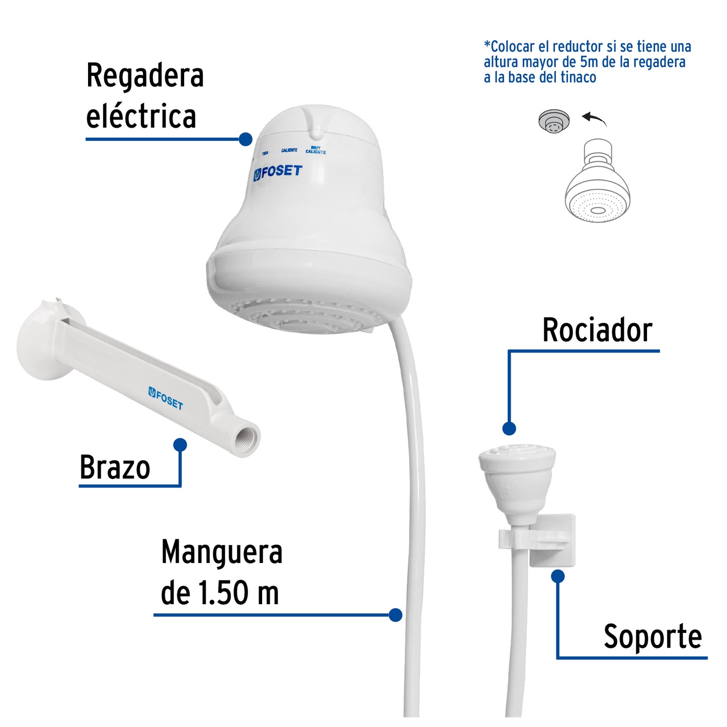Regadera eléctrica, 4 temperaturas, 14.5cm, blanca, FOSET