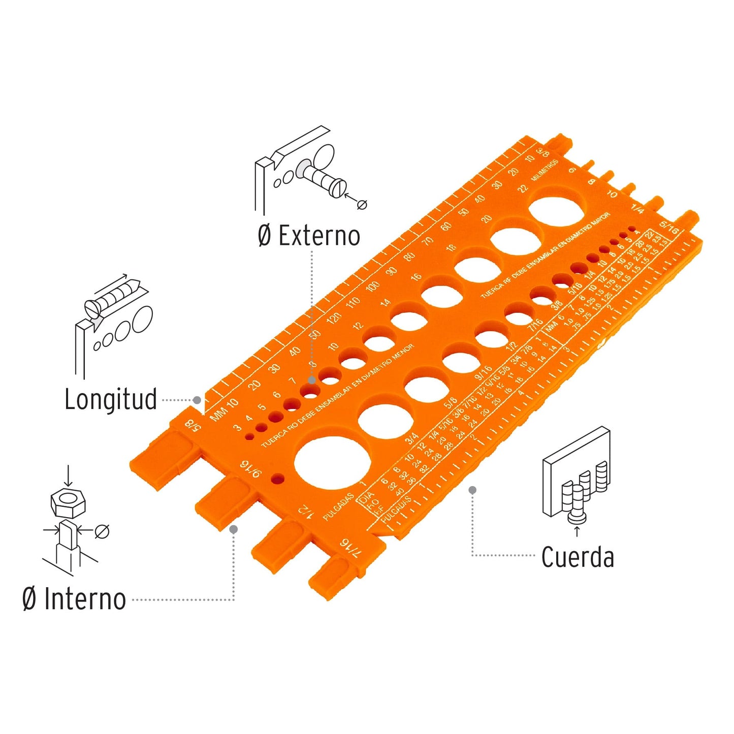 Regleta medidora de tuercas y tornillos, 22cm, TRUPER