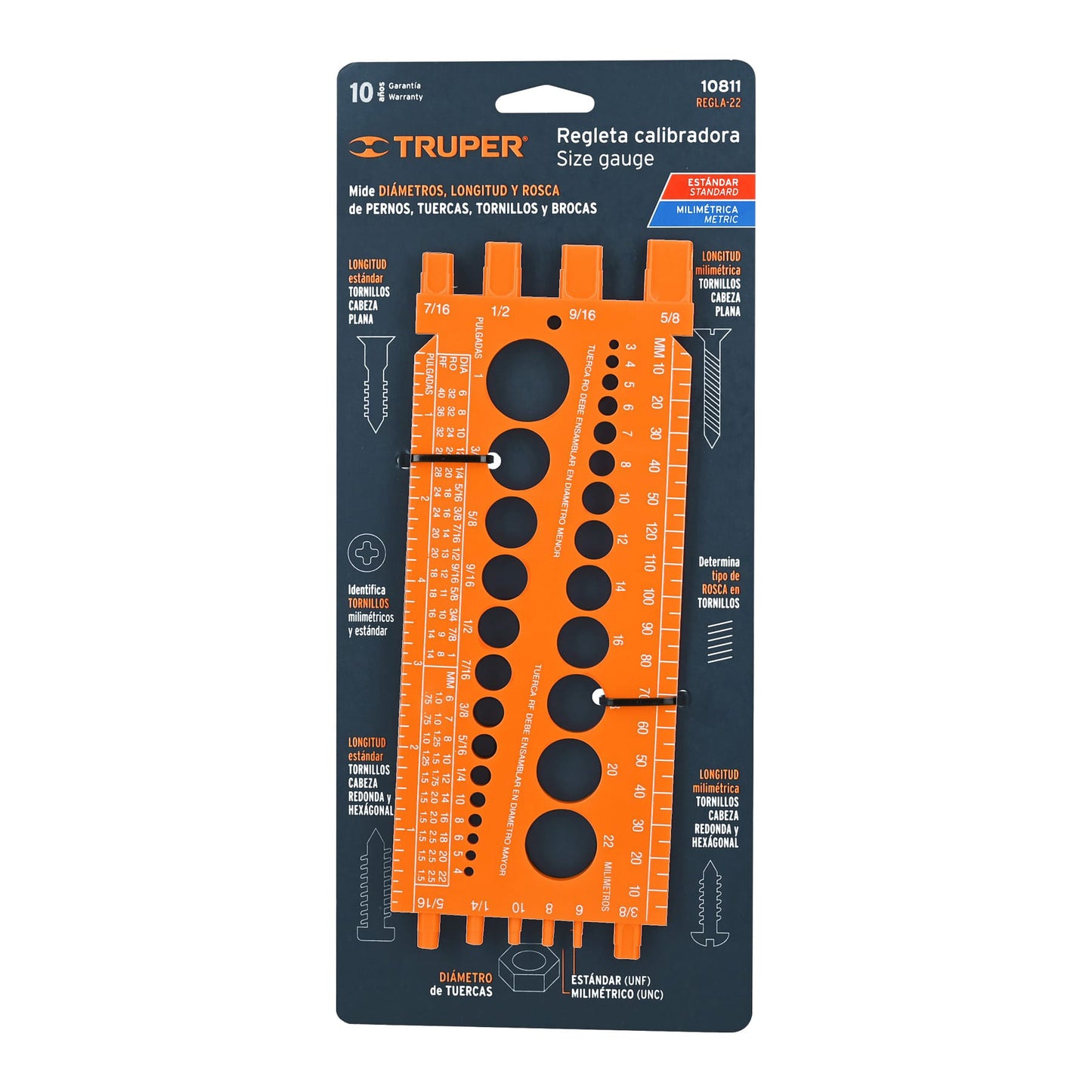 Regleta medidora de tuercas y tornillos, 22cm, TRUPER