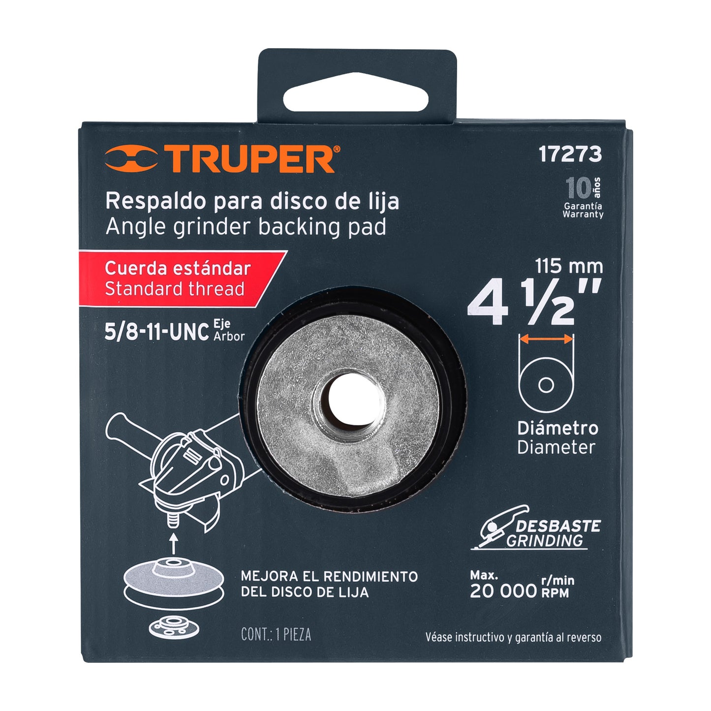 Respaldo para discos de lija 4-1/2", eje 5/8-11, Truper