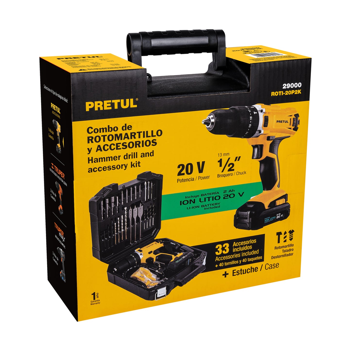 KIT Rotomartillo Inalámbrico 1/2", 33 PZS + Extras, PRETUL