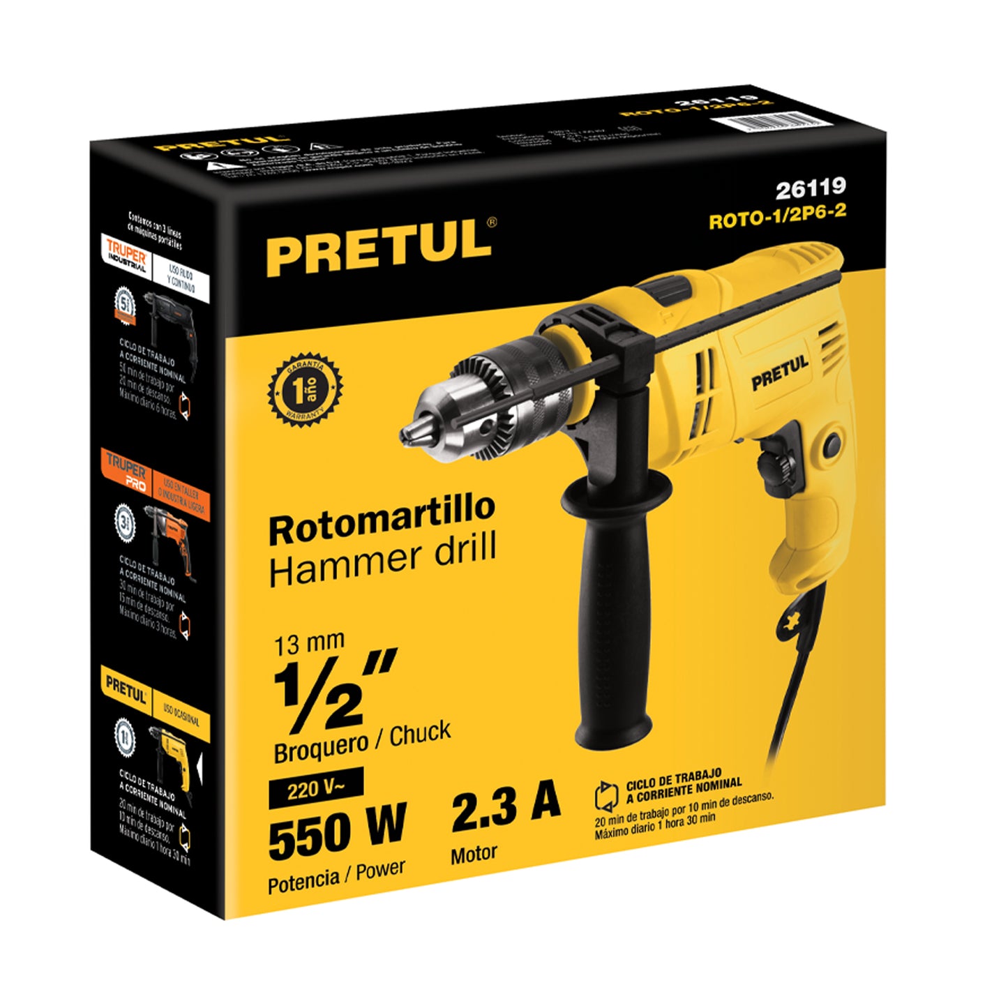 Rotomartillo 1/2", 550W, PRETUL