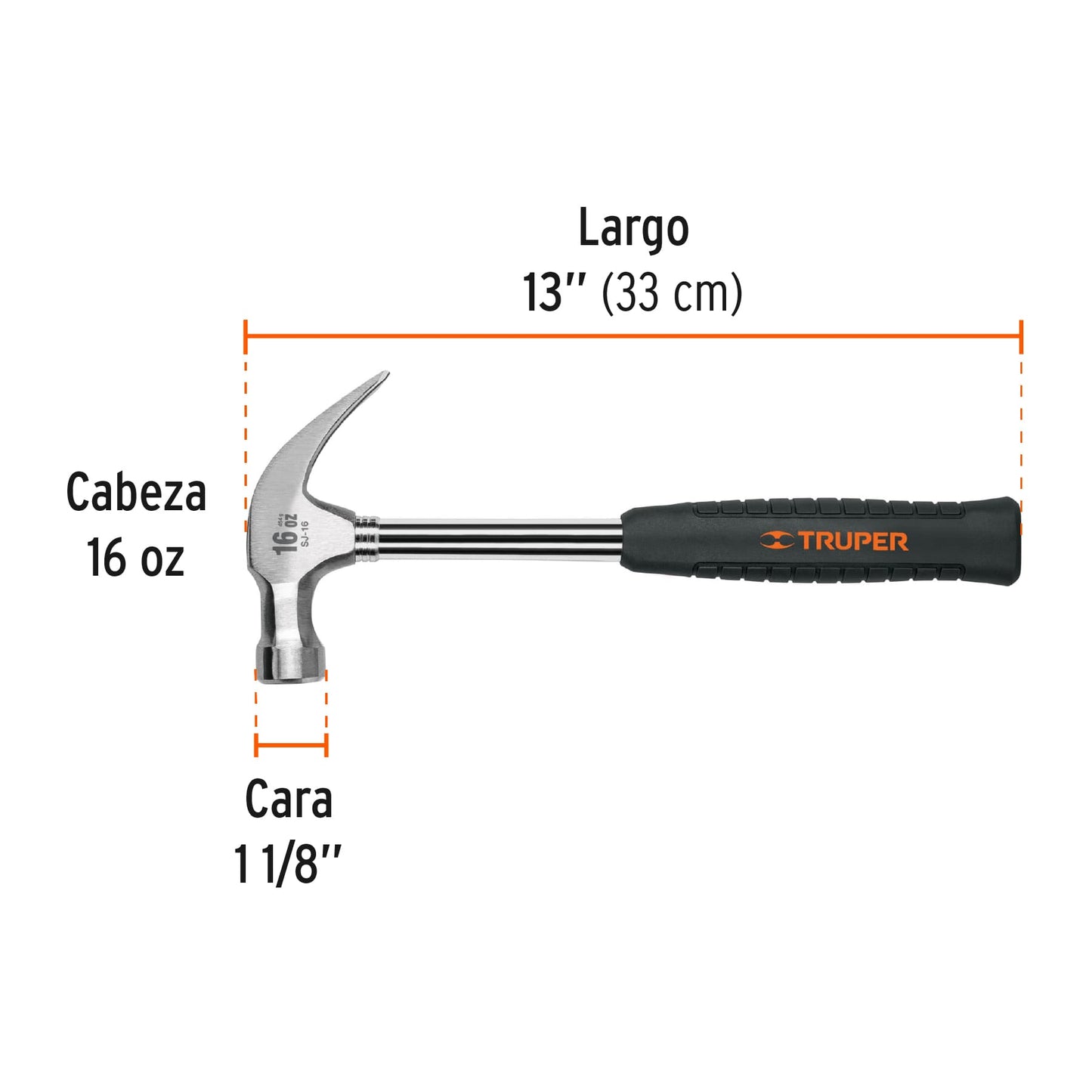 Martillo pulido 16 oz uña curva, mango tubular c/neopreno TRUPER