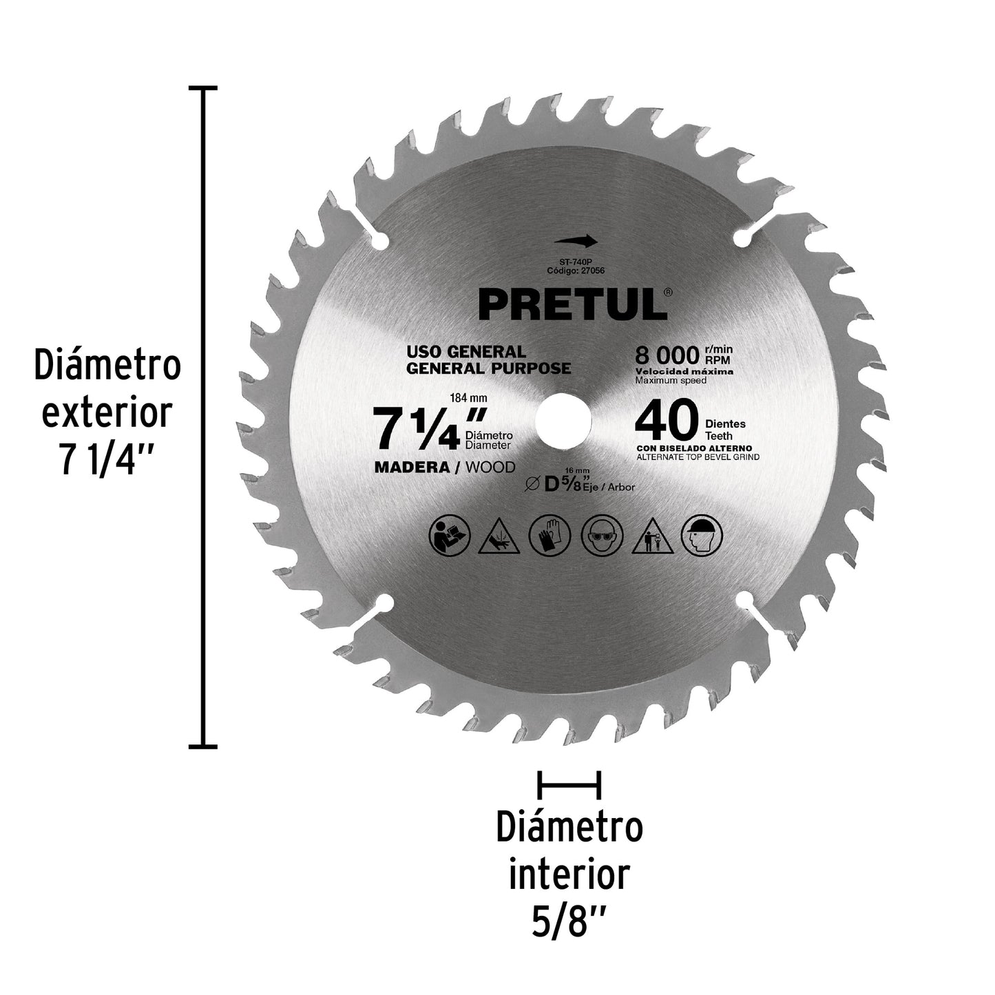 Disco sierra 7-1/4" p/madera, 40 dientes centro 5/8", Pretul