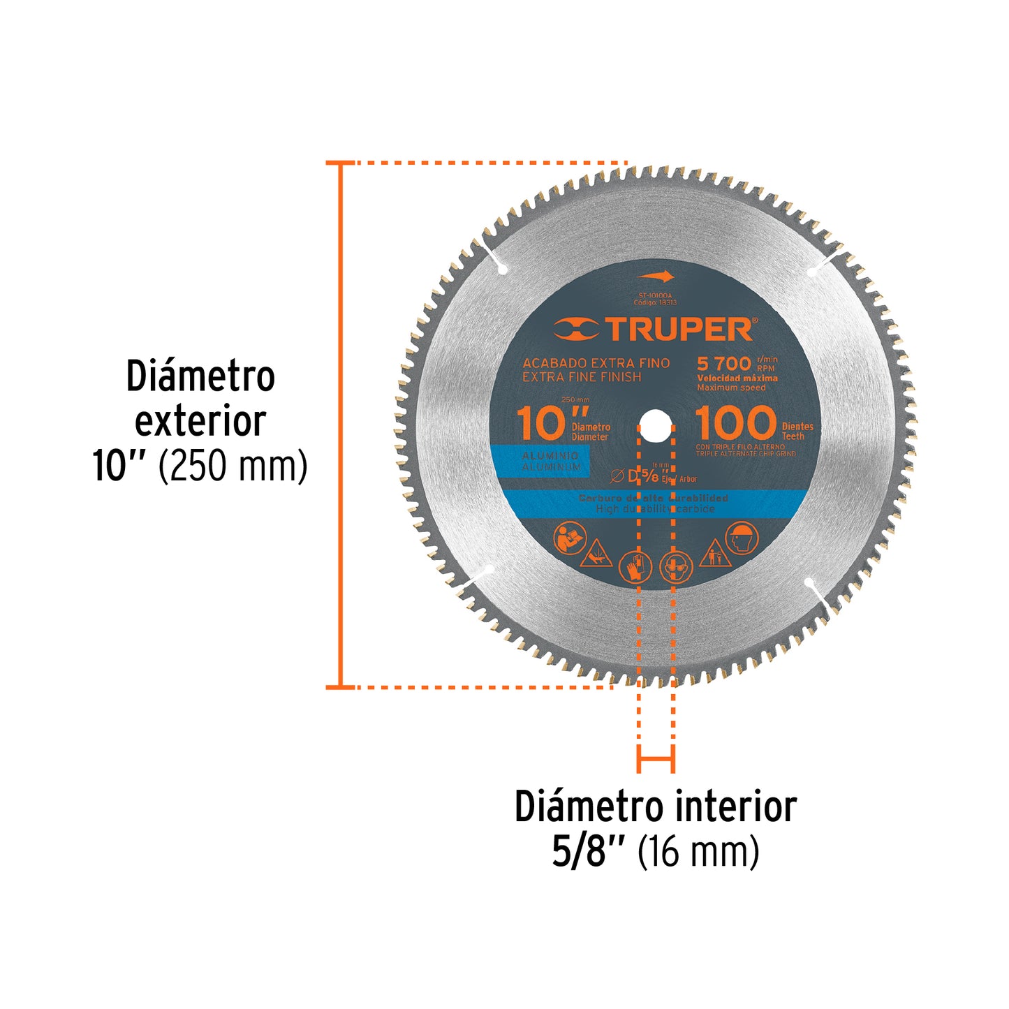 Disco sierra 10" para aluminio, 100 dientes centro 5/8" TRUPER