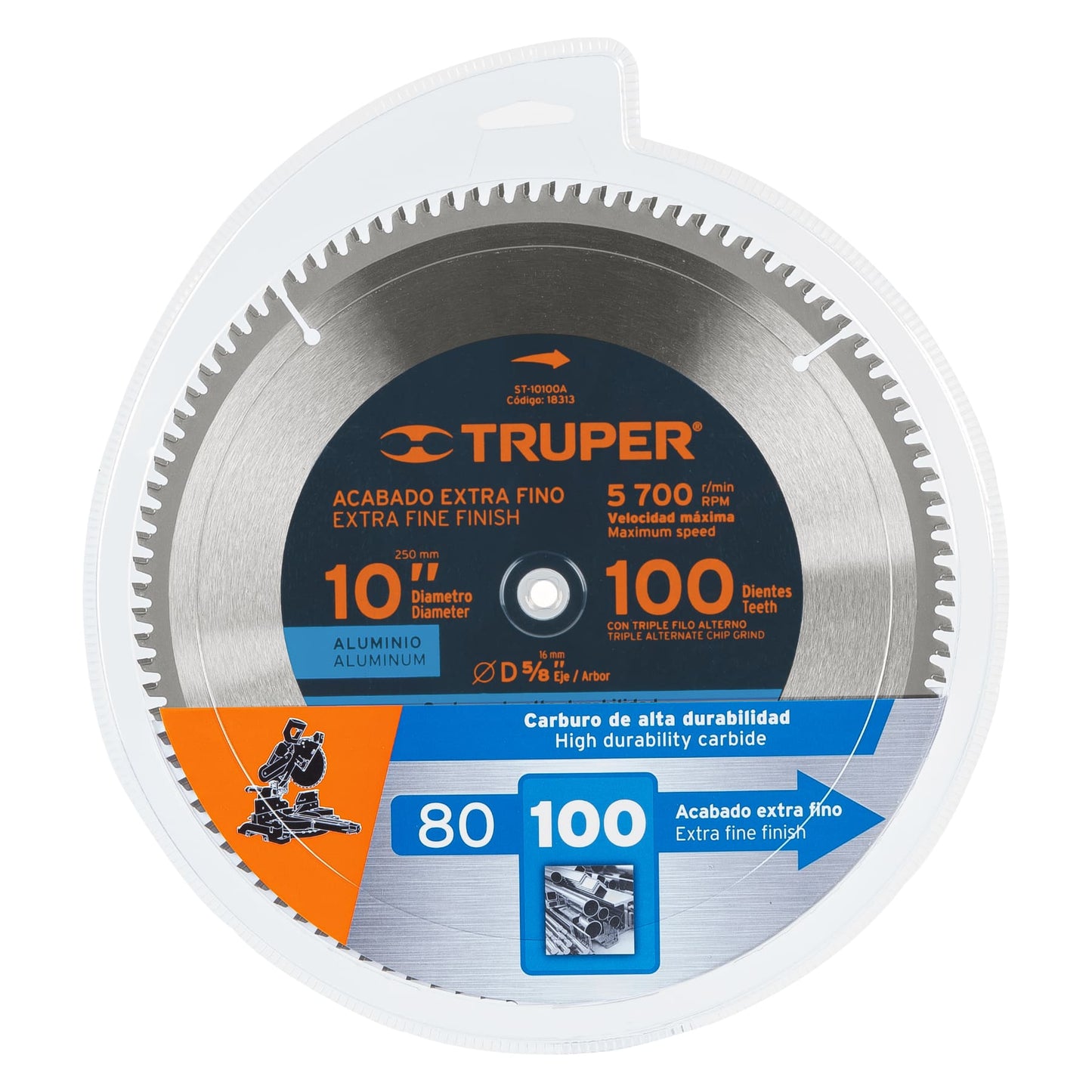 Disco sierra 10" para aluminio, 100 dientes centro 5/8" TRUPER
