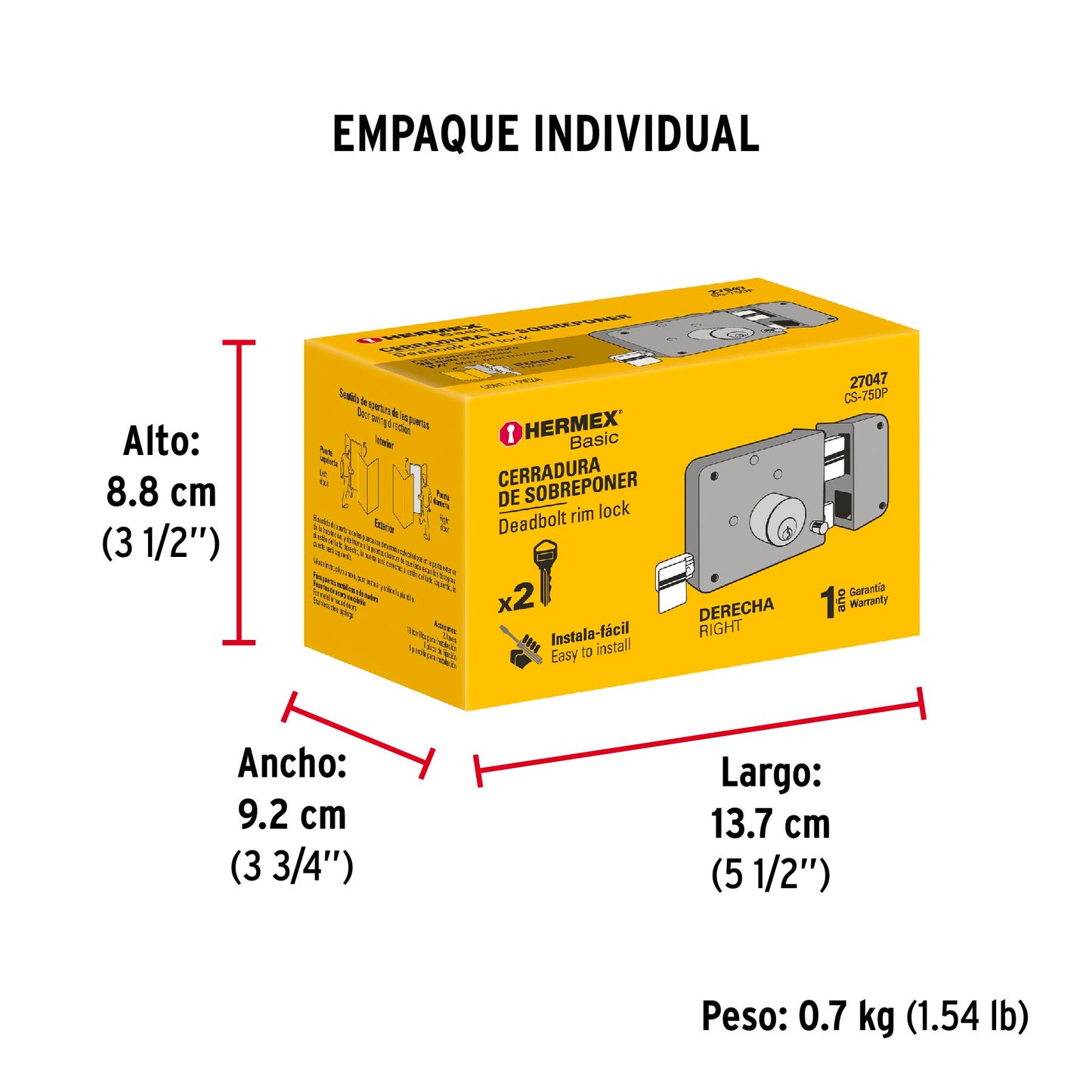 Cerradura sobreponer derecha instala-fácil, caja, HERMEX BASIC